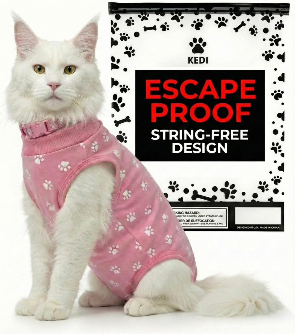 Kedi Cats Solutions pink large recovery suit on a cat, secure fit supports post-op healing.