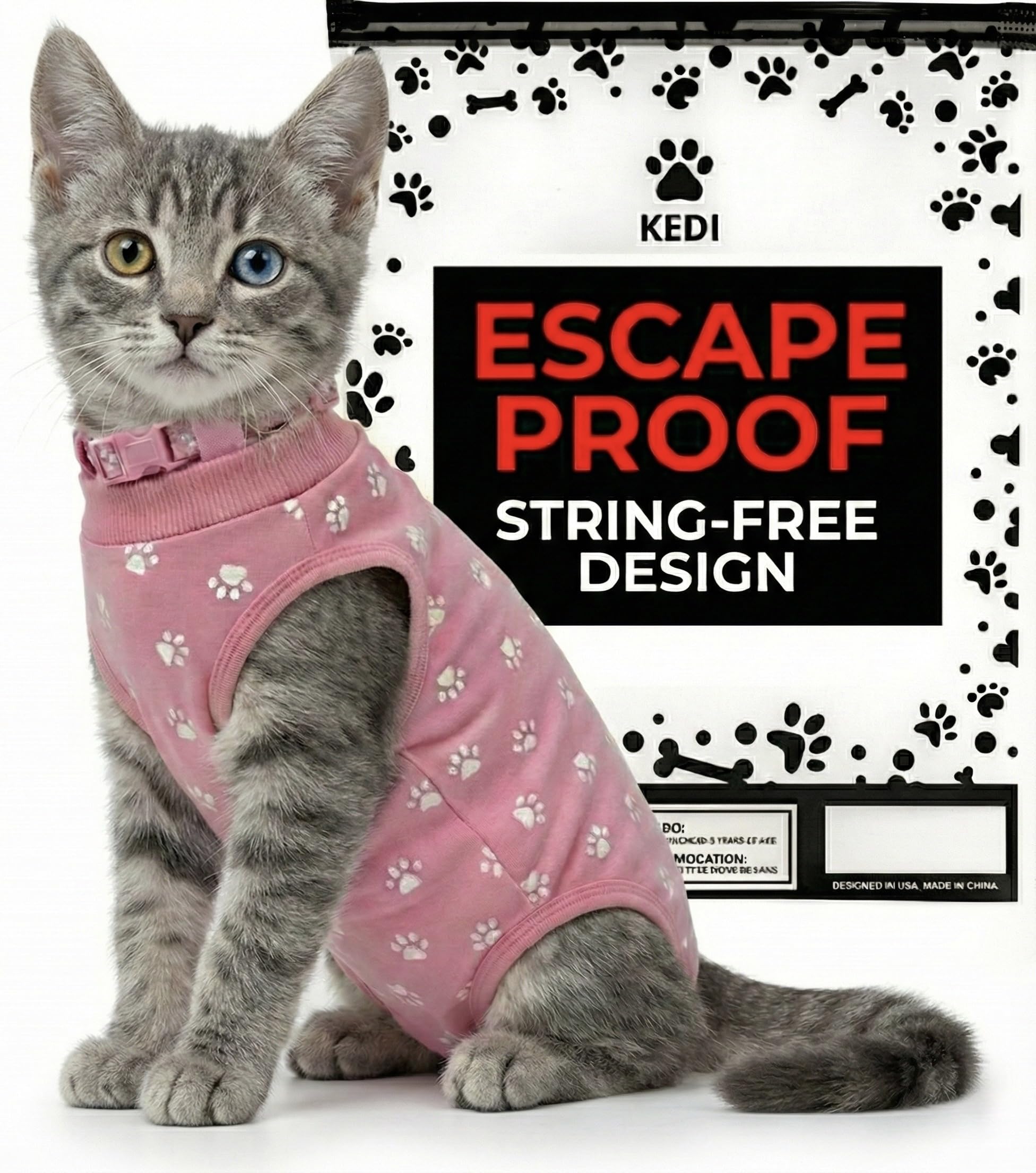 Kedi Cats Solutions kitten recovery suit pink small front view, secure fit for post-surgery healing