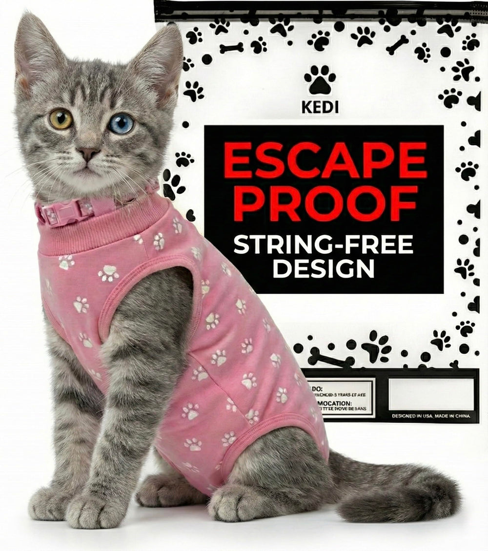 Kedi Cats Solutions kitten recovery suit pink small front view, secure fit for post-surgery healing