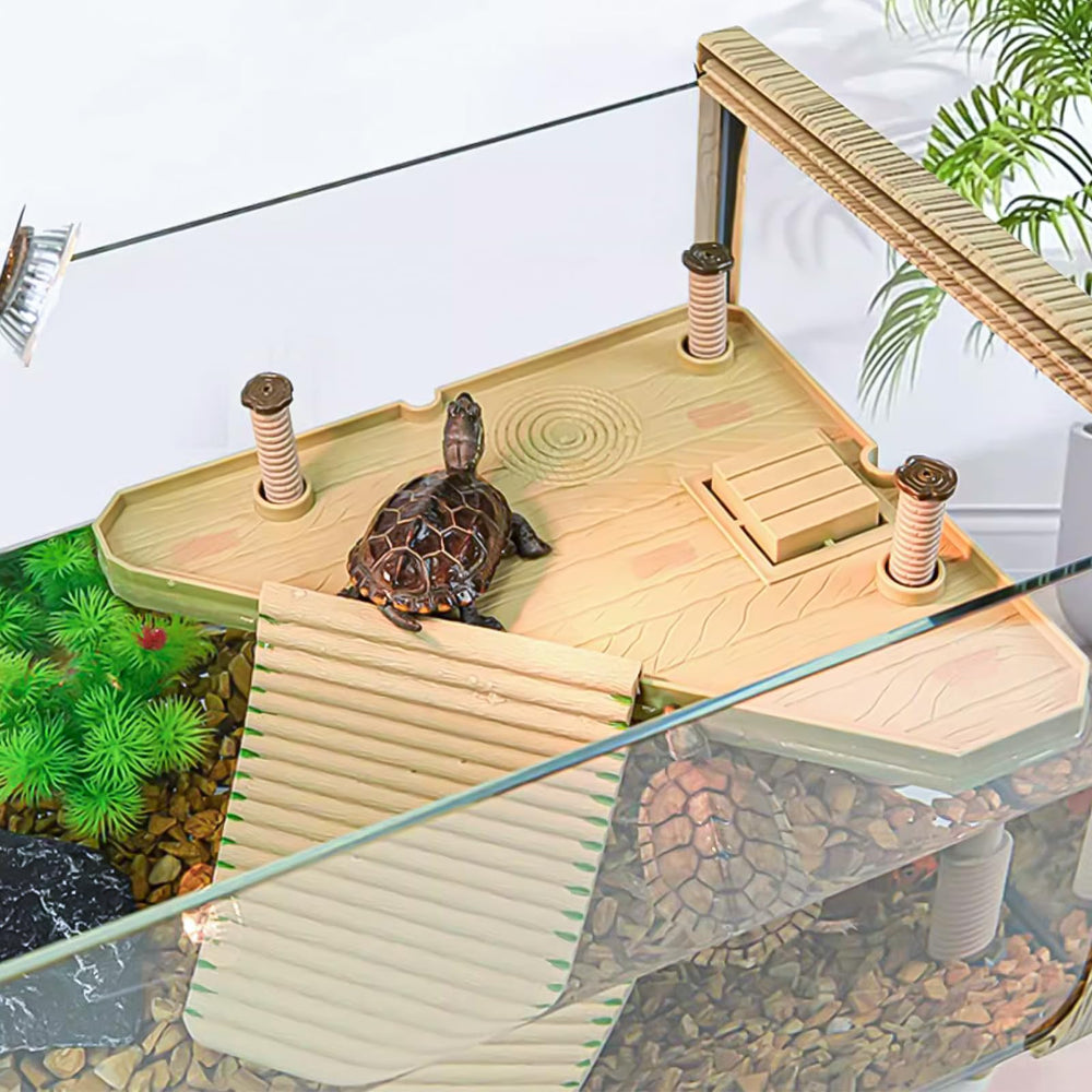 Keedolla floating basking platform side view shows adjustable height in water.