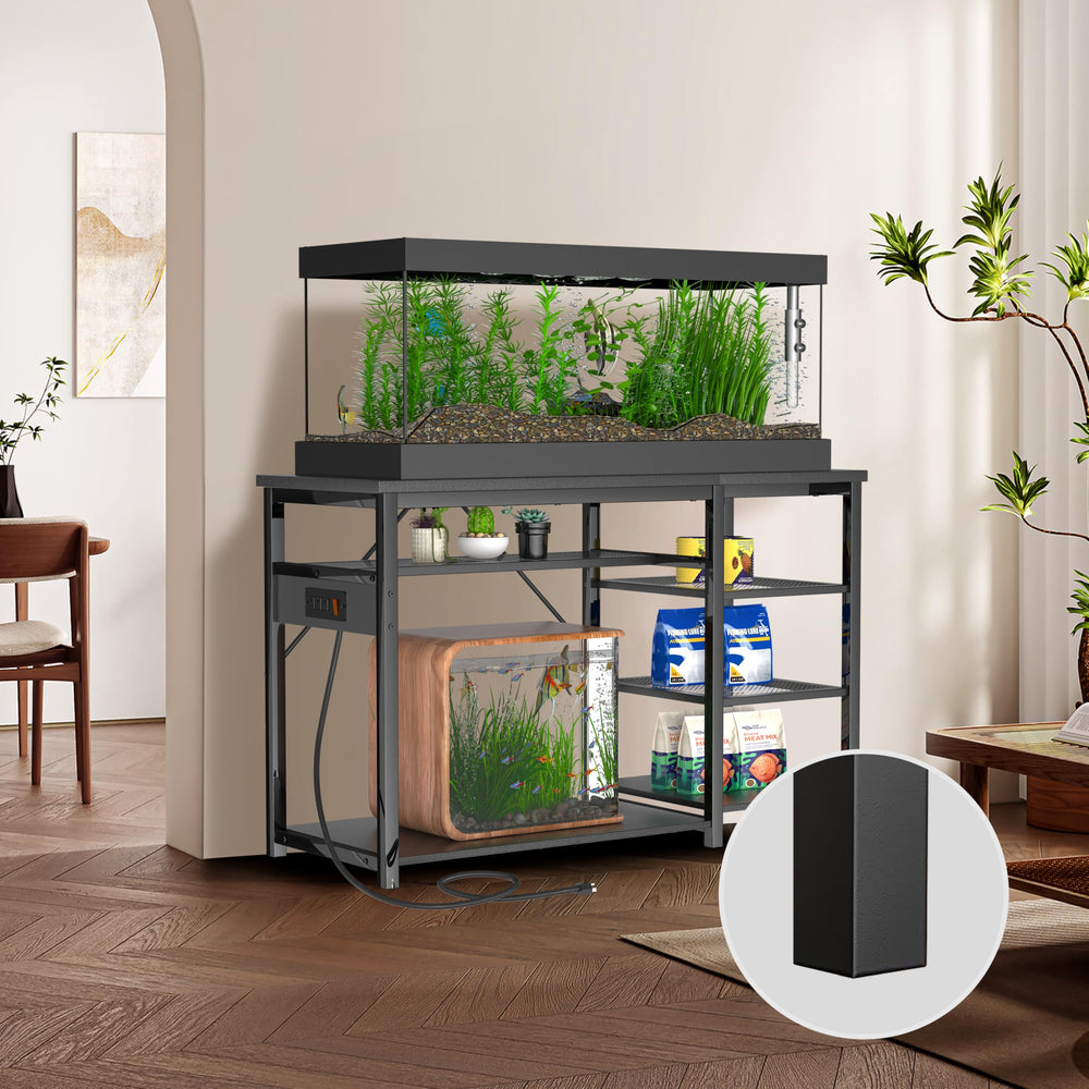 Bottom shelf supports 10-20 gallon tanks for dual-tank capability.