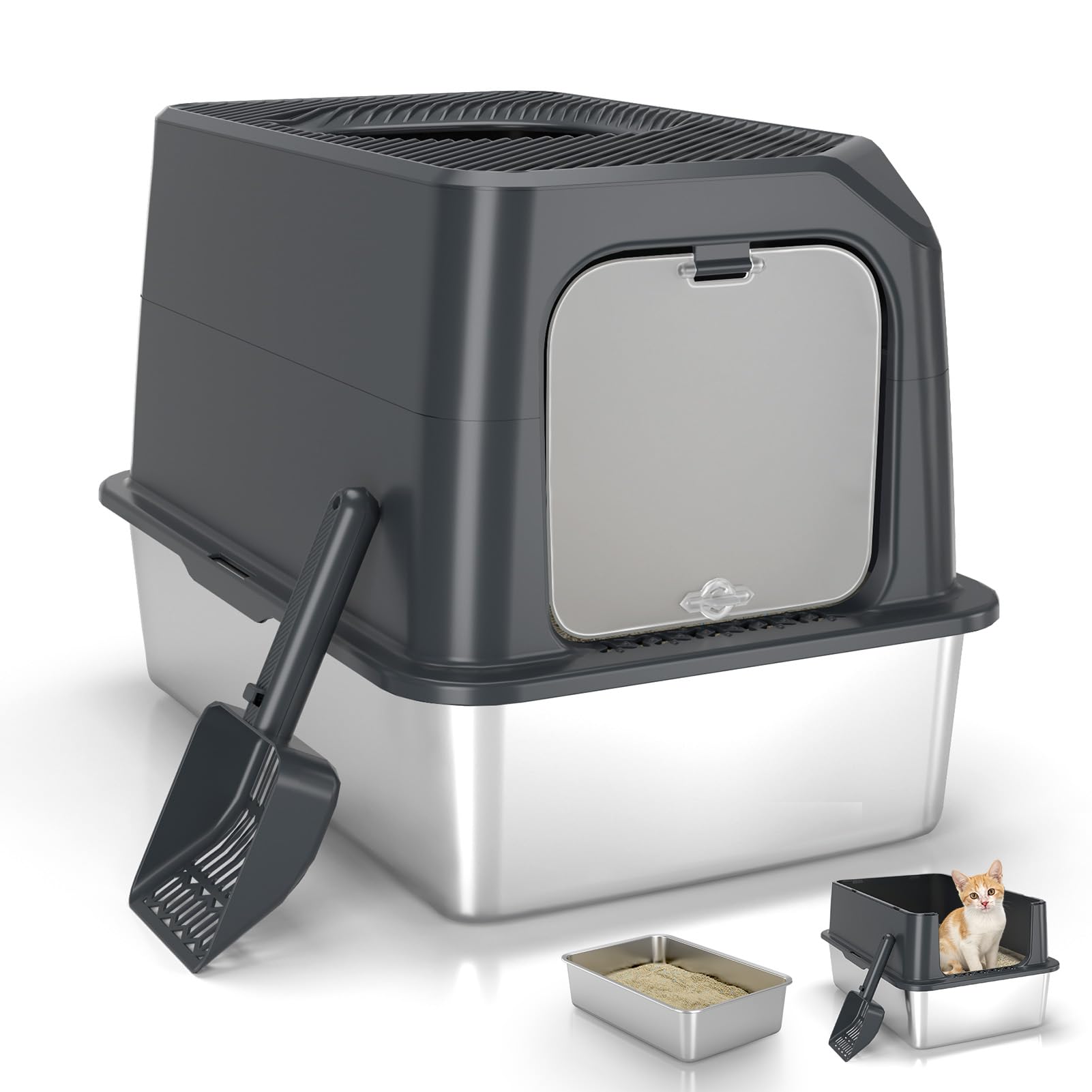 Keeyova large stainless steel litter box lid view with odor control.
