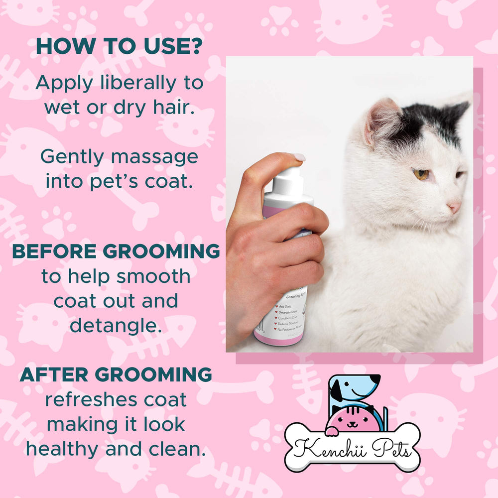 Kenchii cat conditioning spray after grooming for a shiny, hydrated coat.