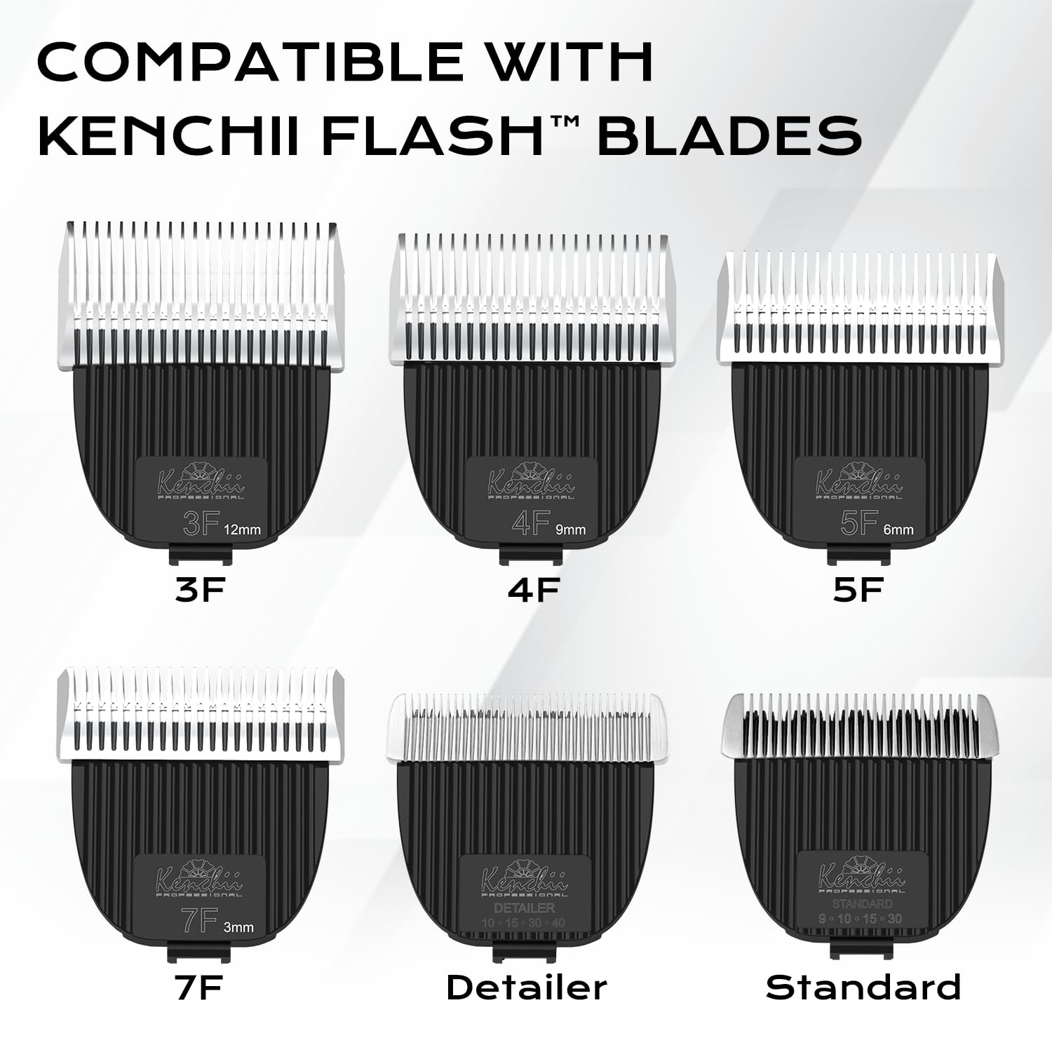 Kenchii Flash kit includes combs, oil, brush, and charging base for a complete setup.