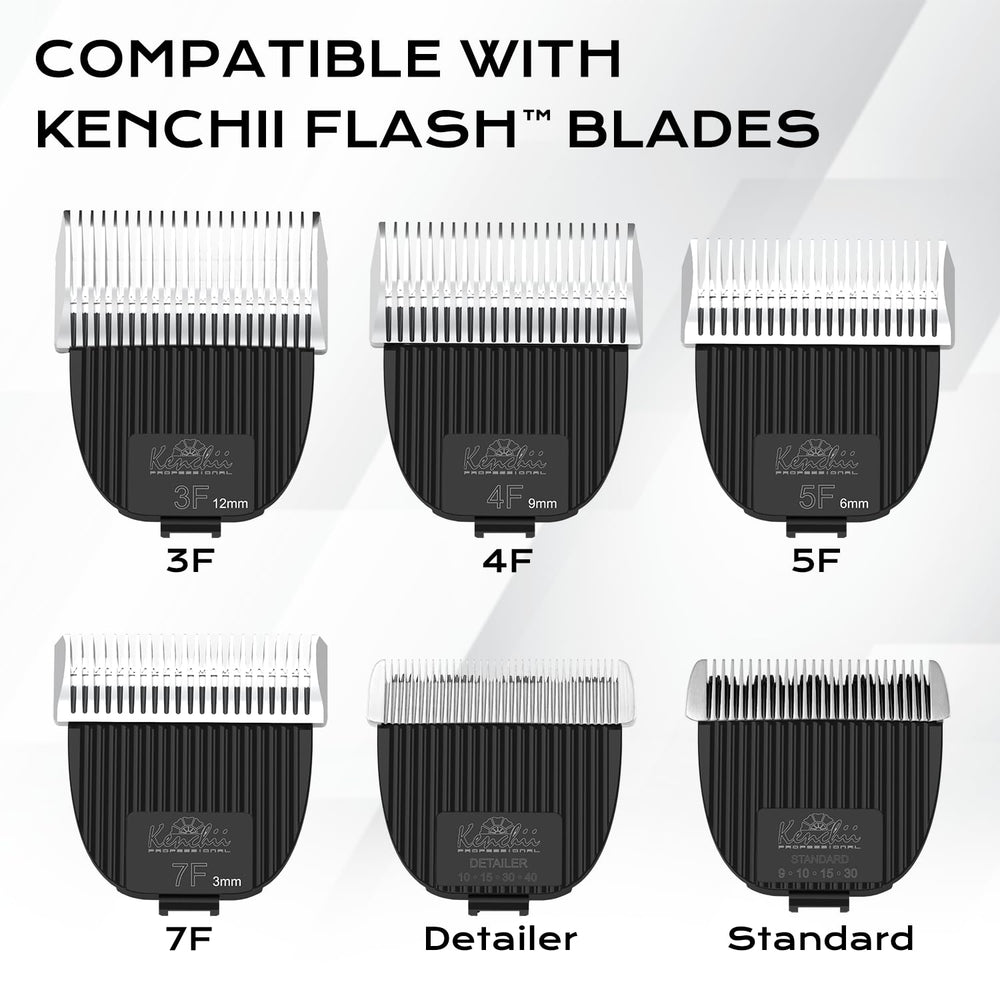 Kenchii Flash kit includes combs, oil, brush, and charging base for a complete setup.