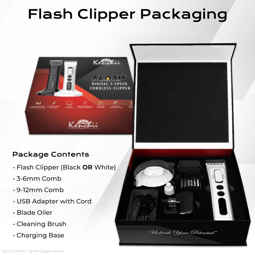 Kenchii Flash stay-cool blades help prevent overheating during grooming.