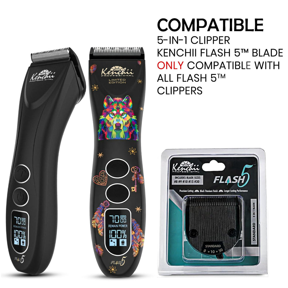 Kenchii Flash 5 blade close-up stainless steel shows durable, long-lasting grooming performance