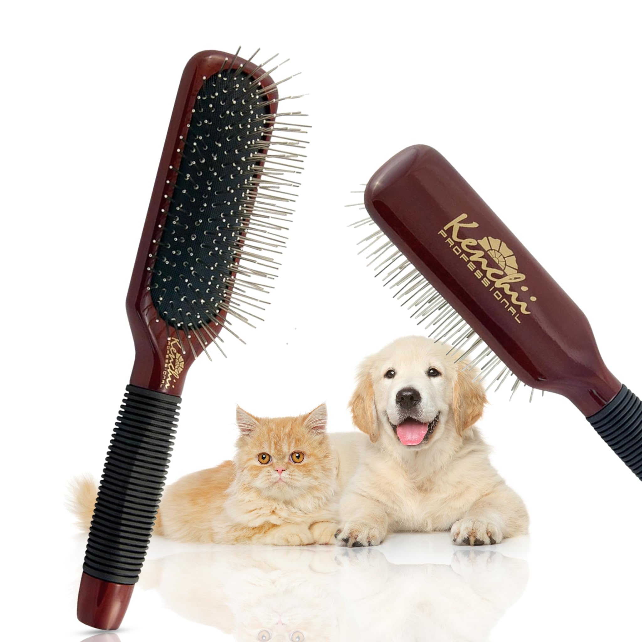 Kenchii Pet Grooming Metal Pin Brush with solid-maple-handle for ergonomic grip during grooming