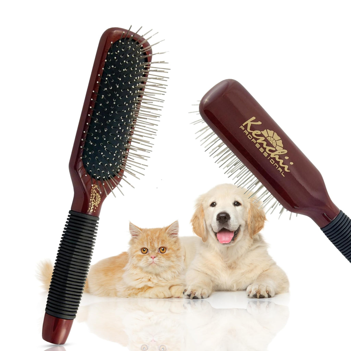 Kenchii Pet Grooming Metal Pin Brush with solid-maple-handle for ergonomic grip during grooming