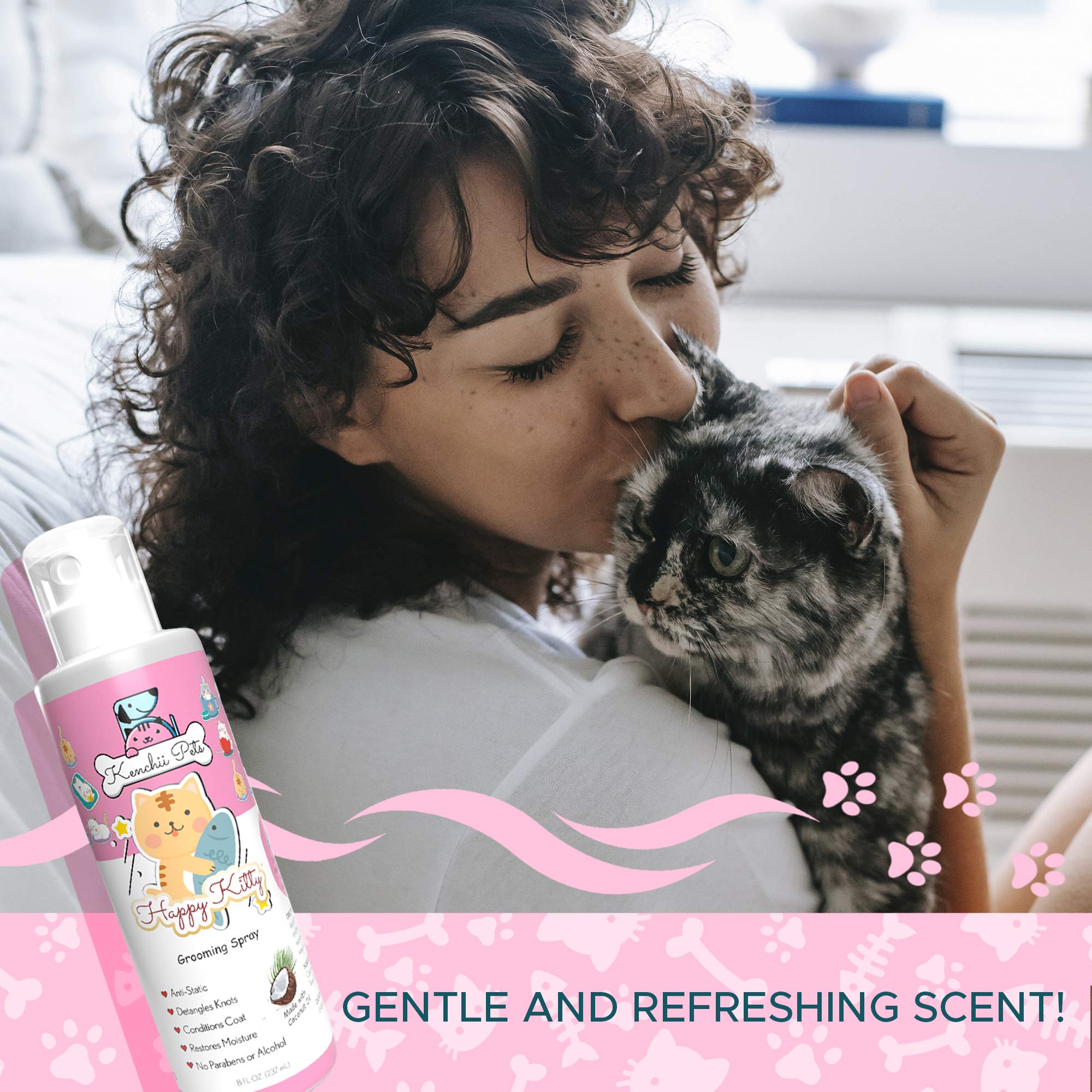 Kenchii scented spray refreshing the cat's coat between baths.