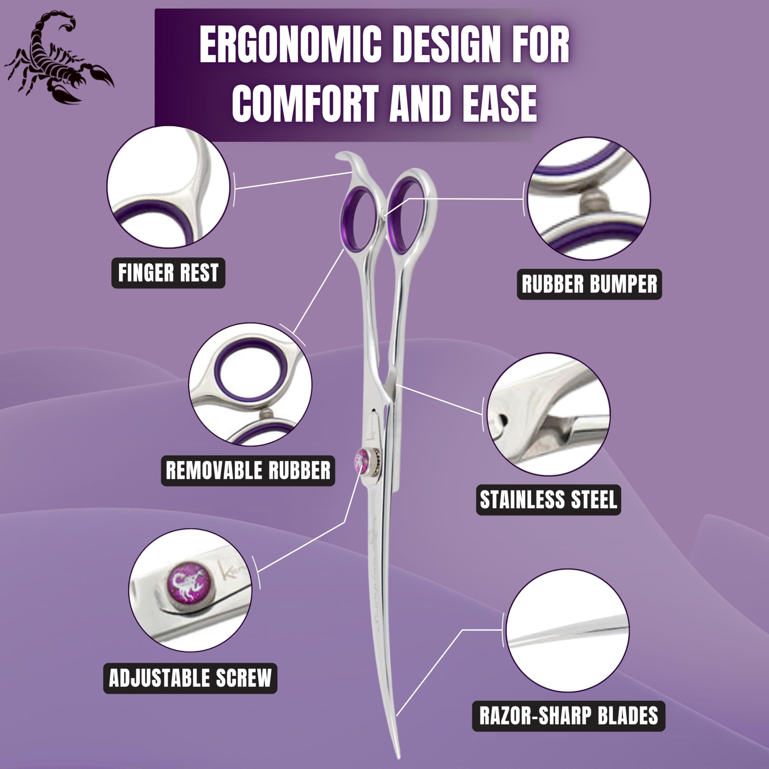 Kenchii Scorpion comfort handle provides steady control during grooming sessions.