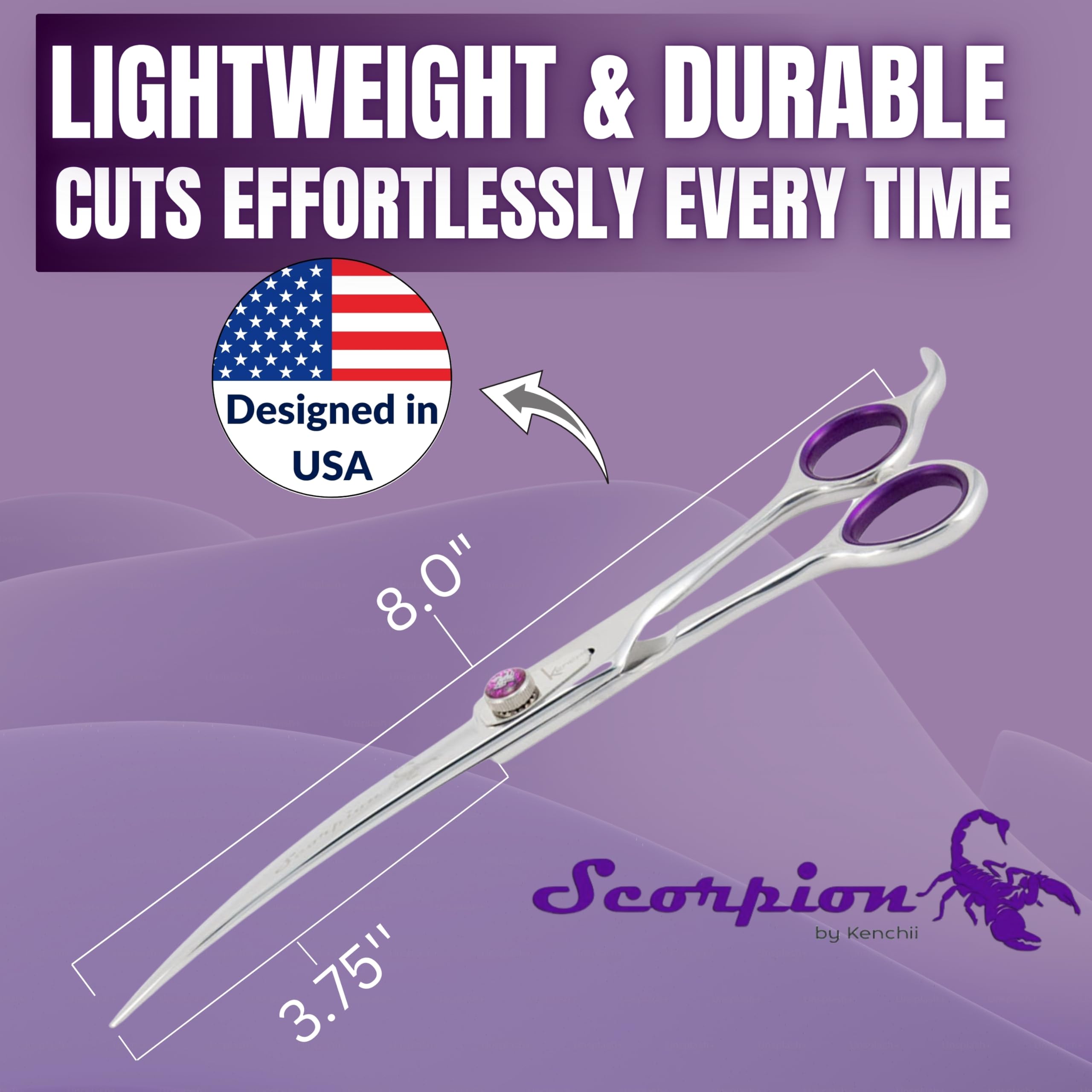 Kenchii Scorpion razor-sharp edge close-up reduces snags on all coat types during grooming.