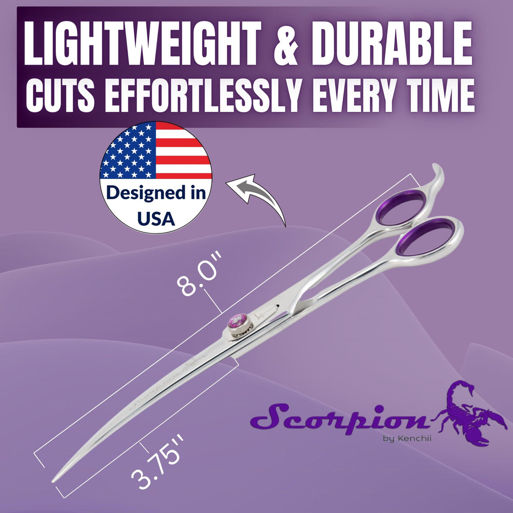 Kenchii Scorpion razor-sharp edge close-up reduces snags on all coat types during grooming.
