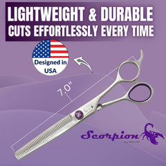 Kenchii Scorpion thinning edge close-up highlights micro serrated edge for smooth cuts.