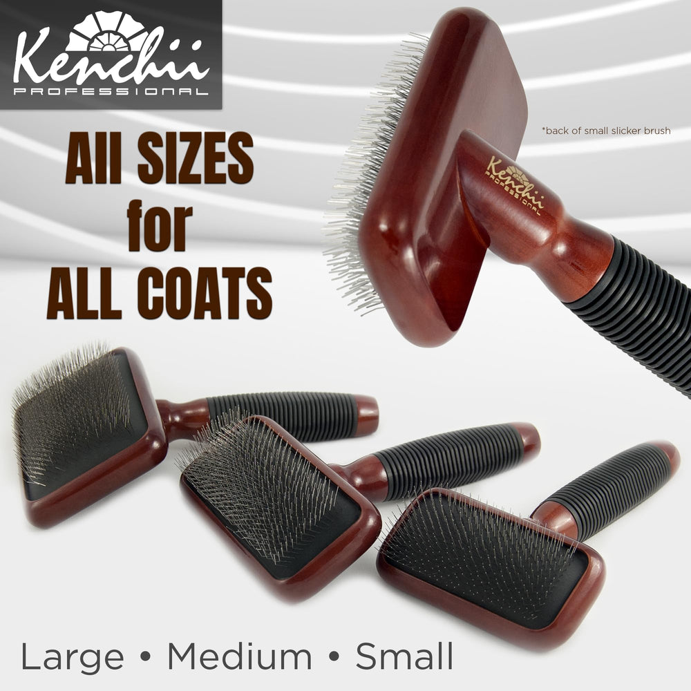 Kenchii Slicker Brush in use detangles mats on short-haired pets.