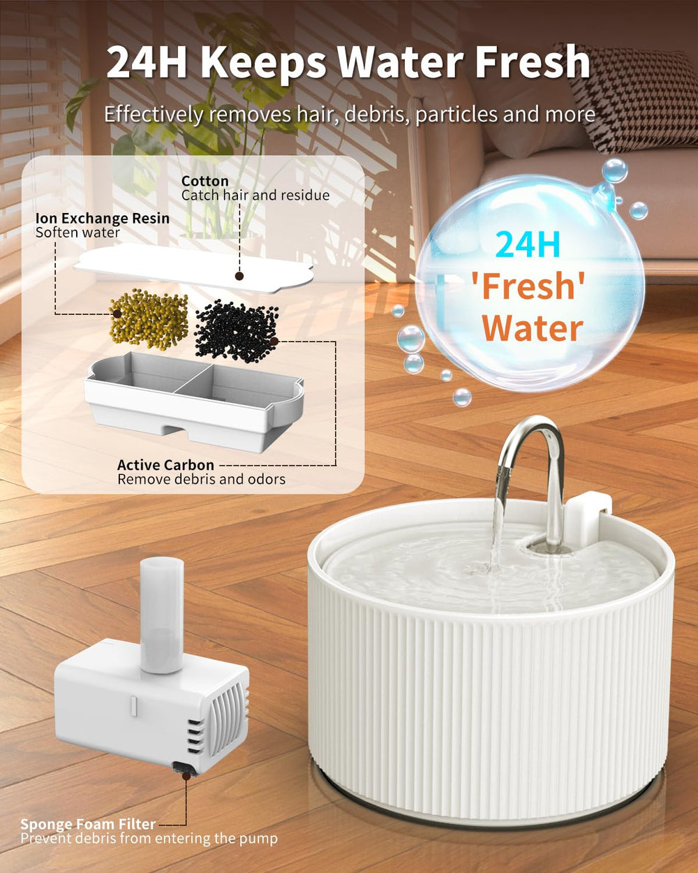 Kenepet ceramic fountain with 4-stage filtration for fresh-tasting water