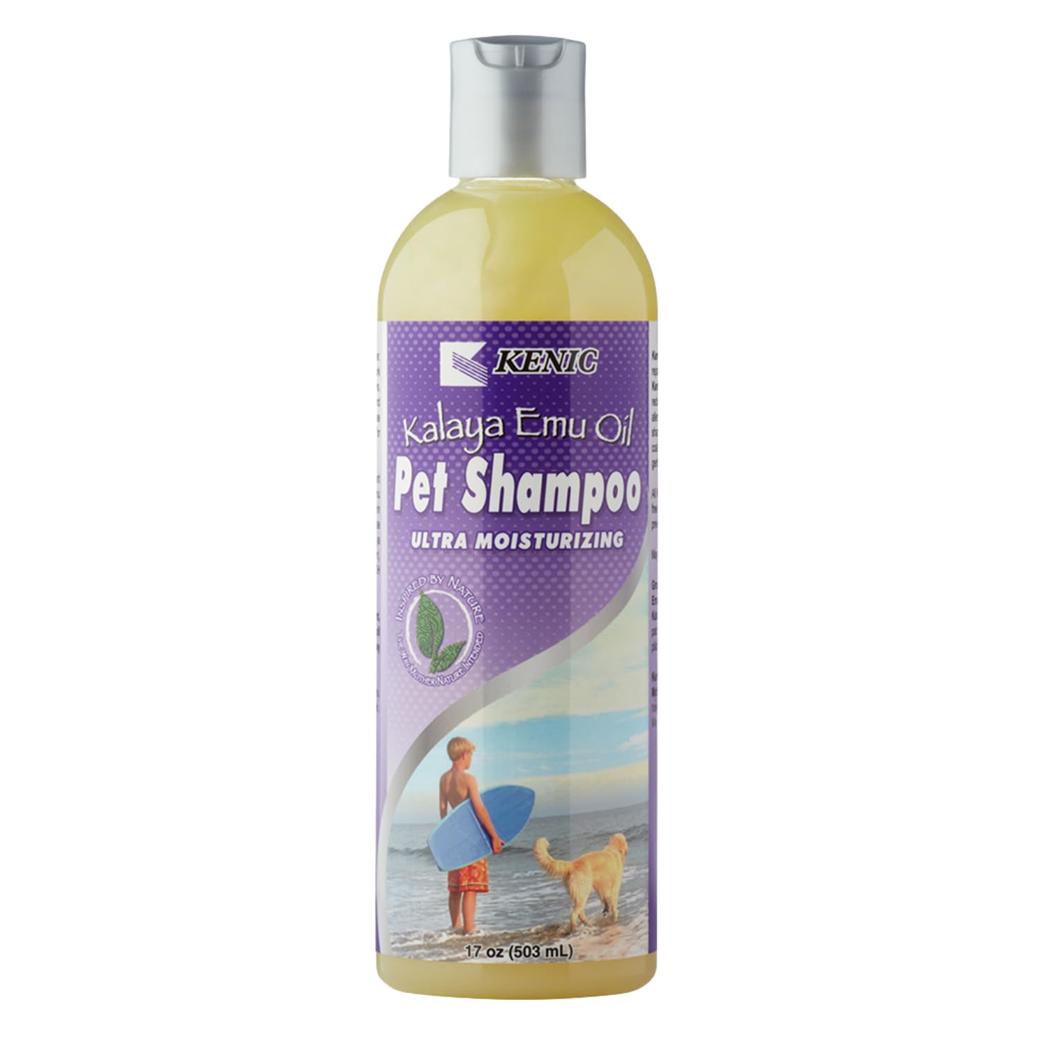 Kenic emu oil anti-itch shampoo bottle shown for soothing itchy pet skin.