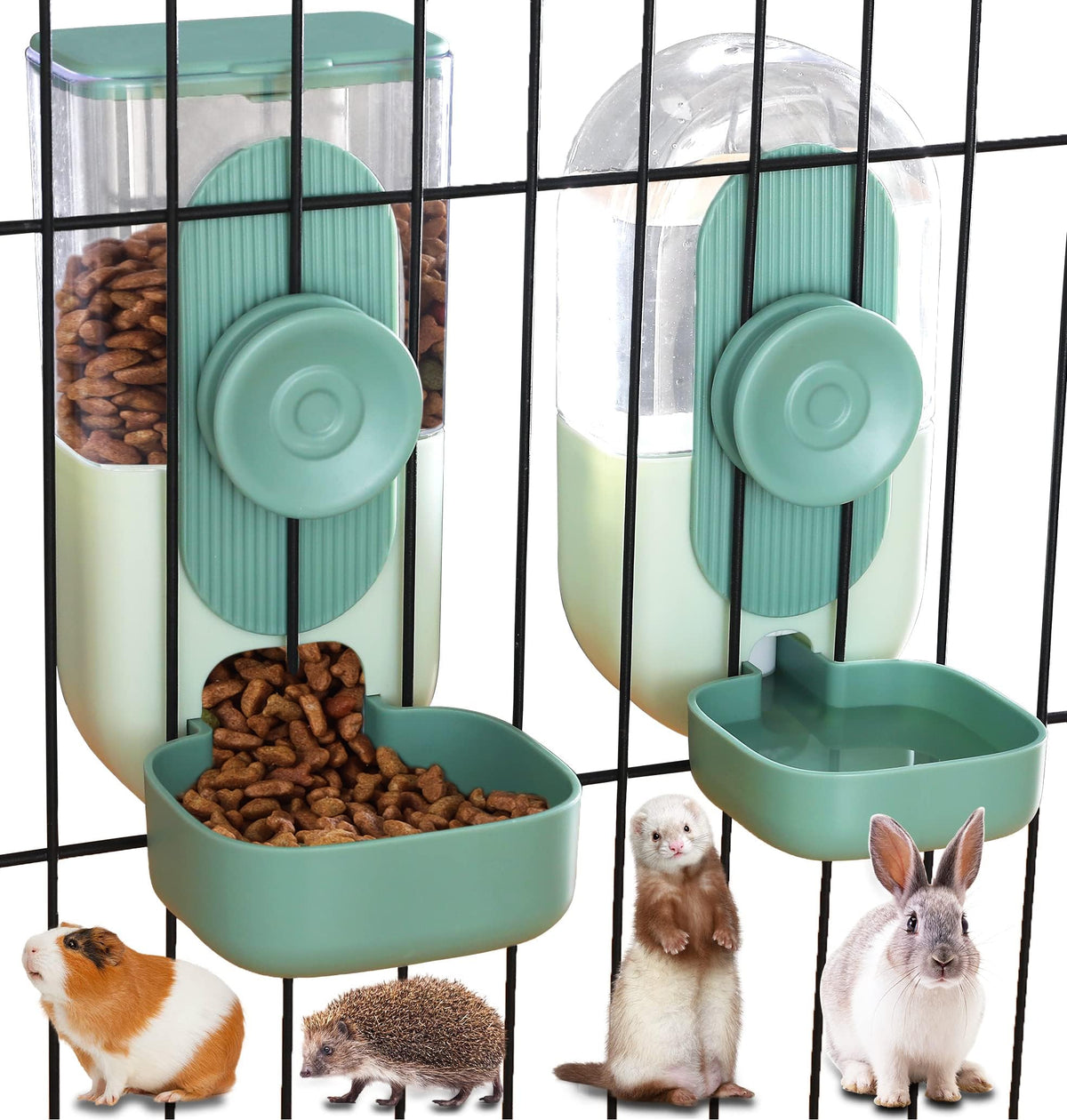Kenond hanging automatic feeder on cage, front view, compact design for small pets