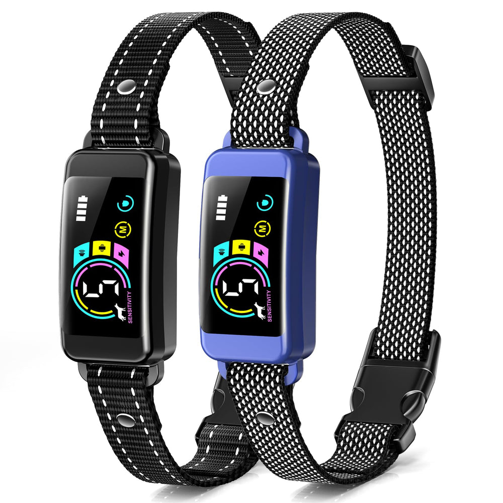 Keoge bark collar two-pack blue front view highlighting comfortable, adjustable fit.