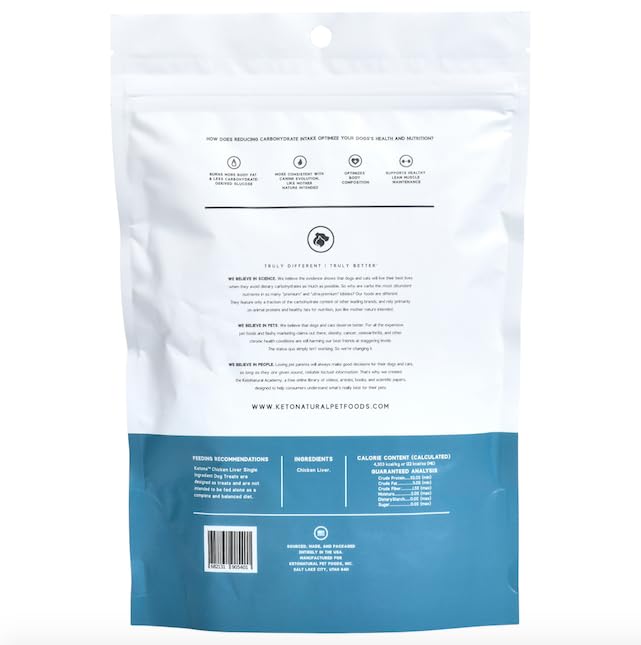 Ketona 100% chicken liver bites with no carbohydrates shown in clear bag