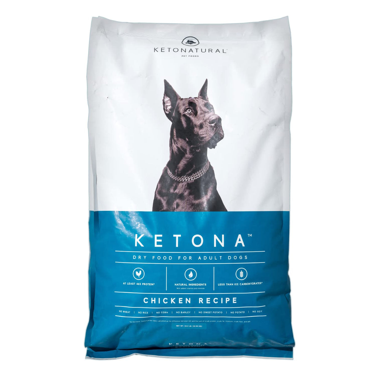 Ketona chicken recipe dry dog food bag highlighting grain-free, high-protein nutrition