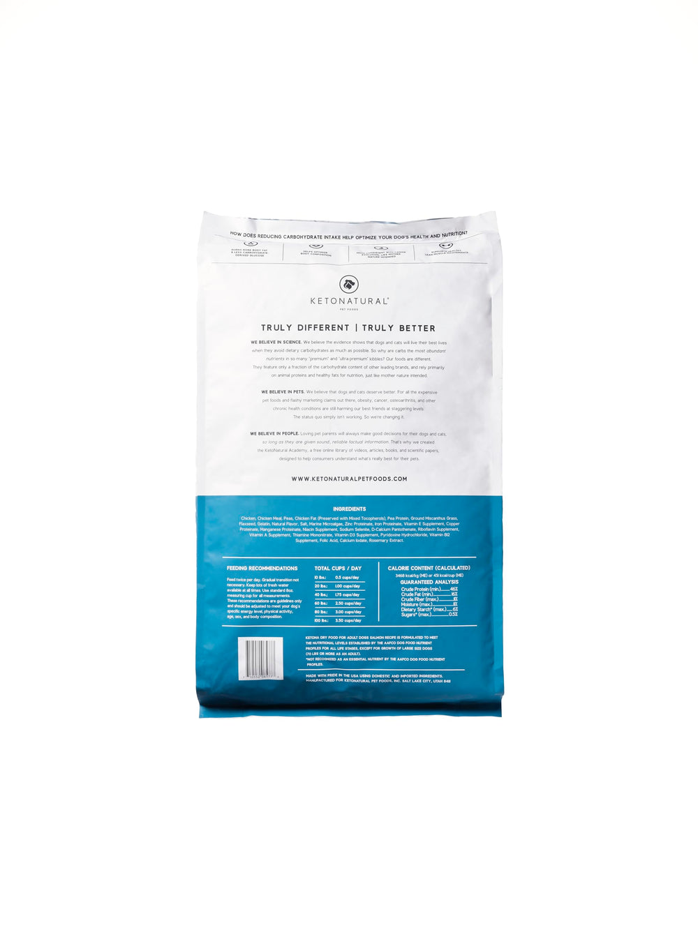Ketona chicken recipe dry dog food packaging underscoring USA-made formula