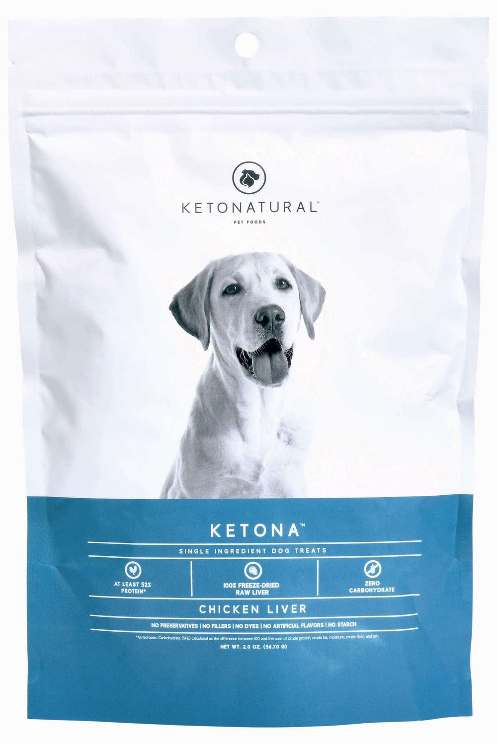 Ketona Zero Carb Chicken Liver Treats bag displayed for product showcase, high-protein snack for dogs