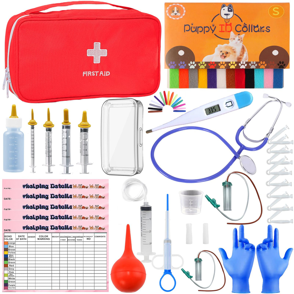 Kewen whelping kit contents laid out for newborn puppy care