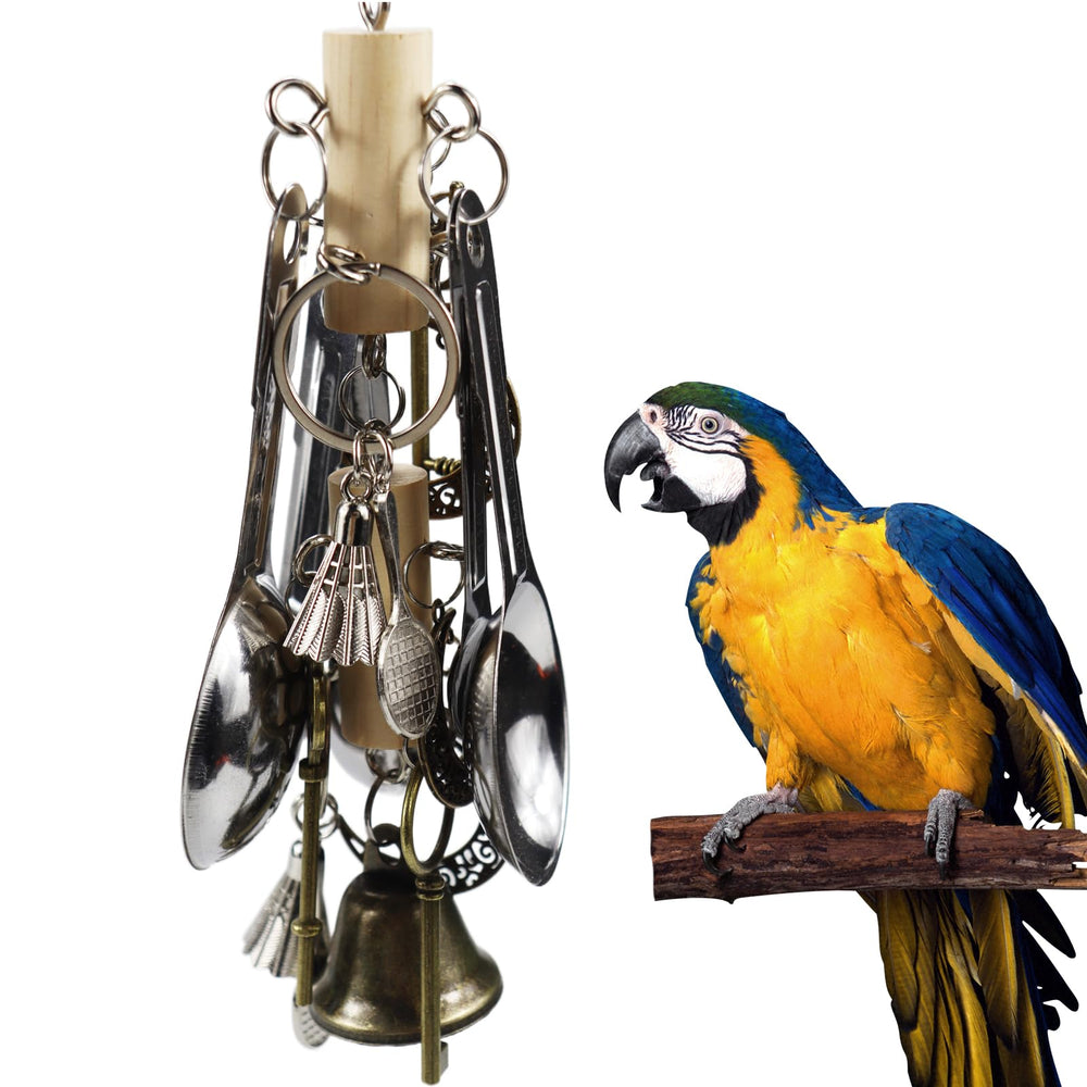 Kewkont hanging parrot toys with spoons, keys, and bells for engaging chewing and play.