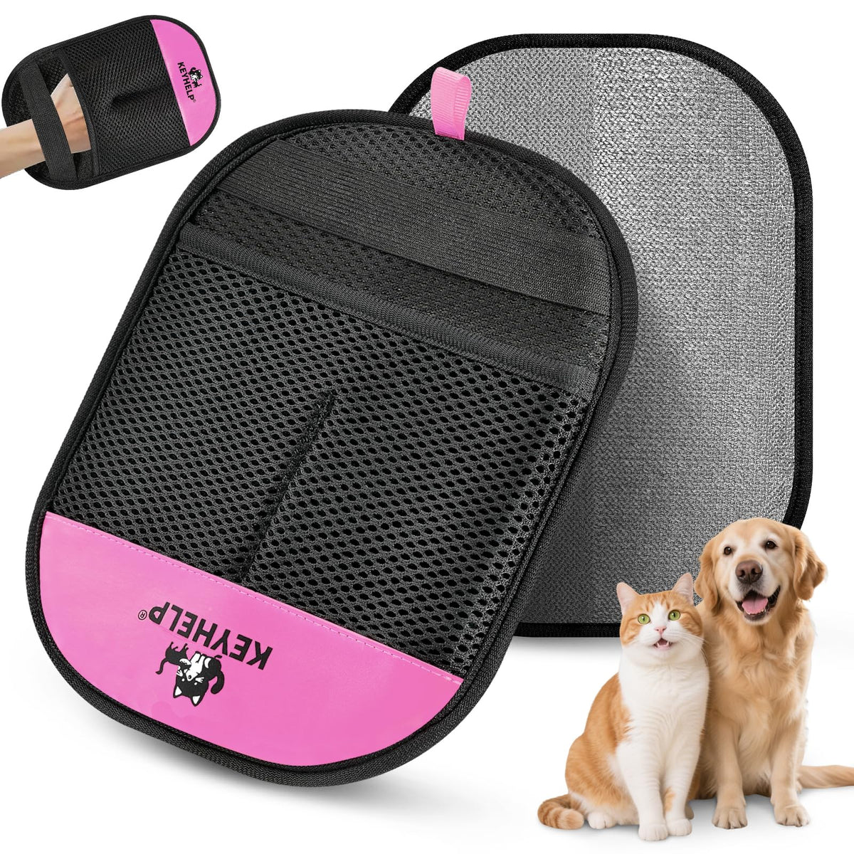 KeyHELP pet hair removal glove close-up in pink highlighting electrostatic lifting