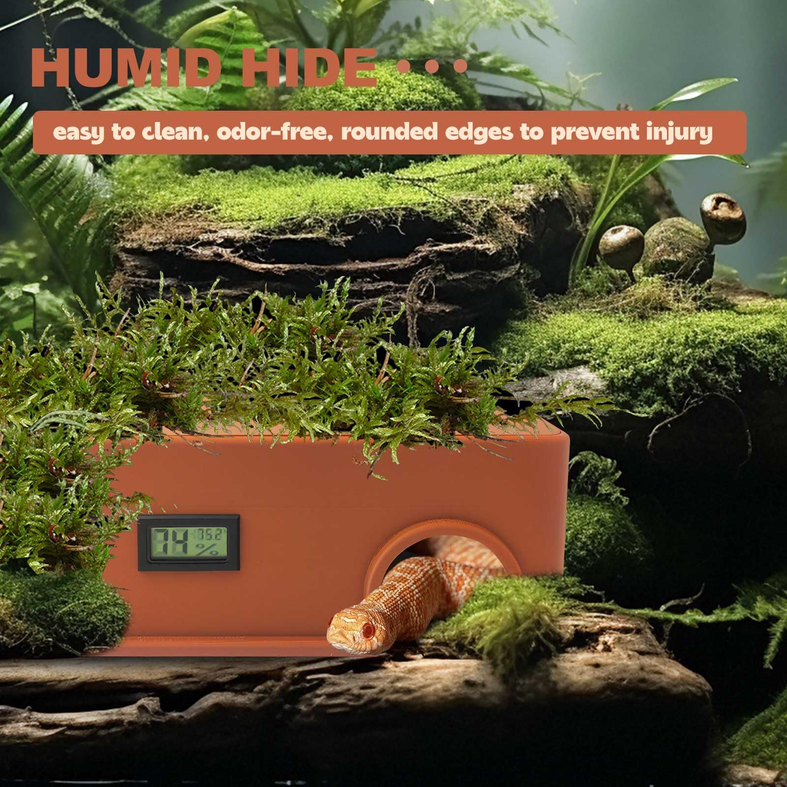 KFPSHLQE reptile hide includes absorbent cotton for humidity balance.