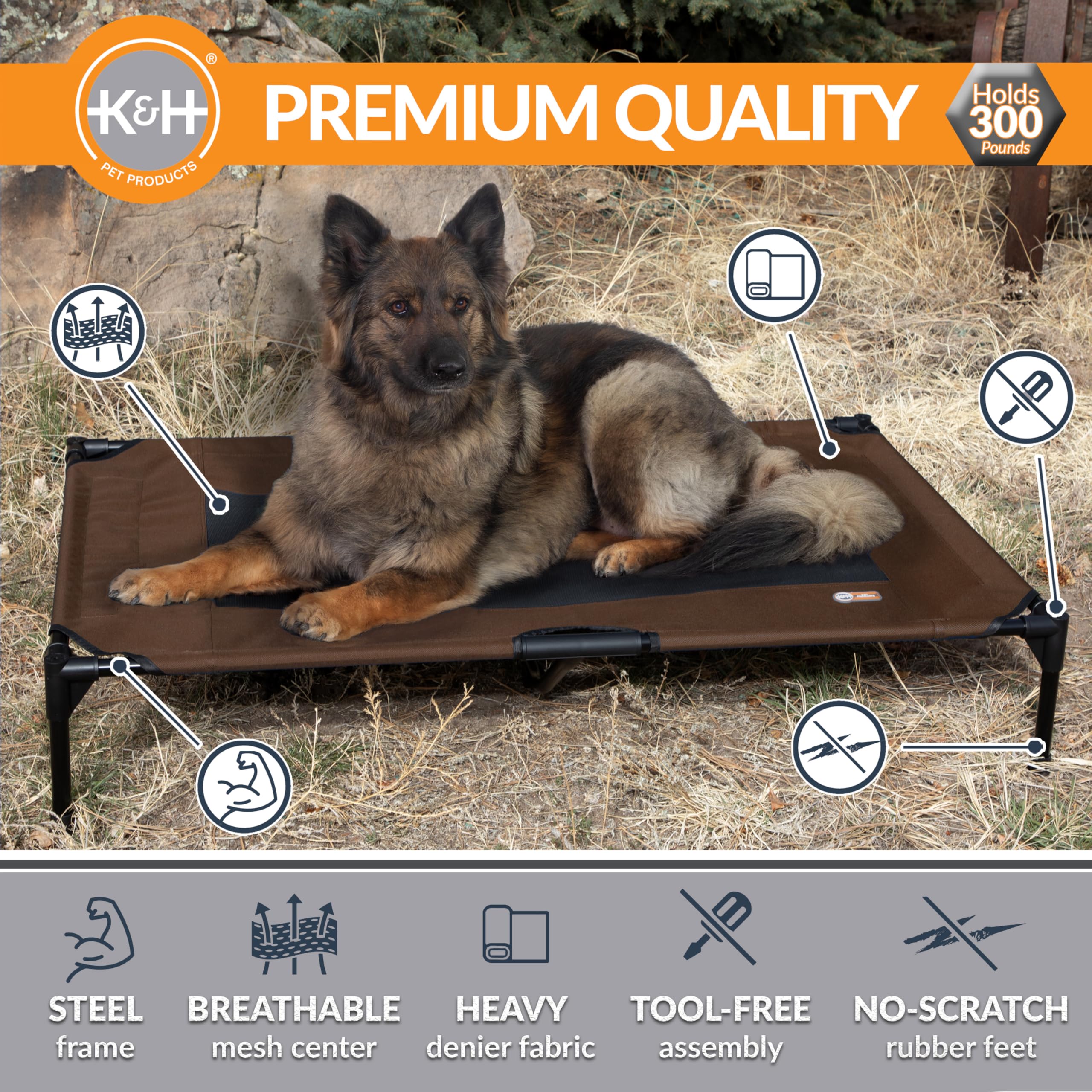 K&H cot with breathable mesh center for indoor and outdoor comfort.