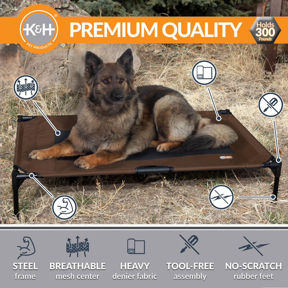 K&H cot with breathable mesh center for indoor and outdoor comfort.