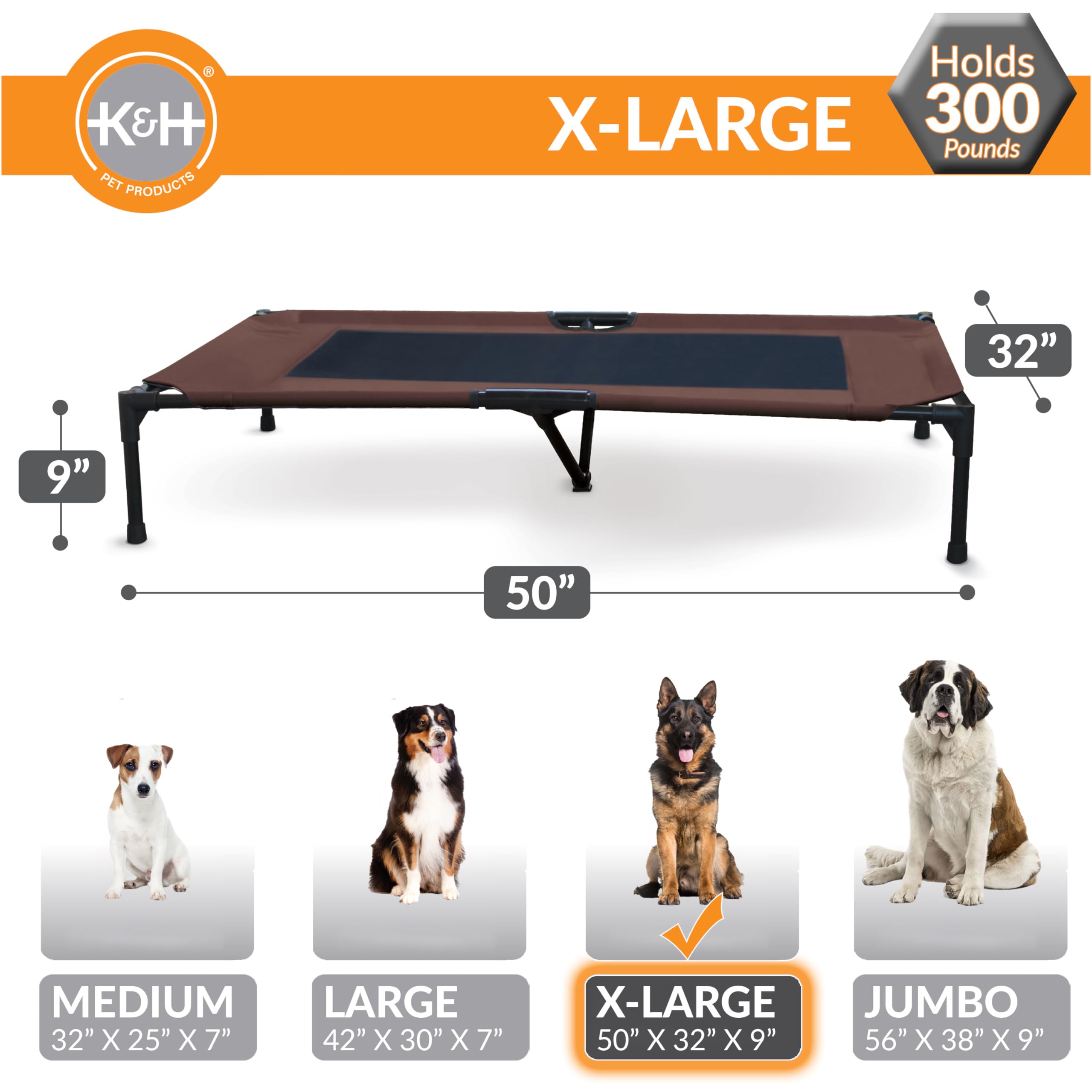 K&H cot features slip-resistant feet to protect floors and stabilize the bed.