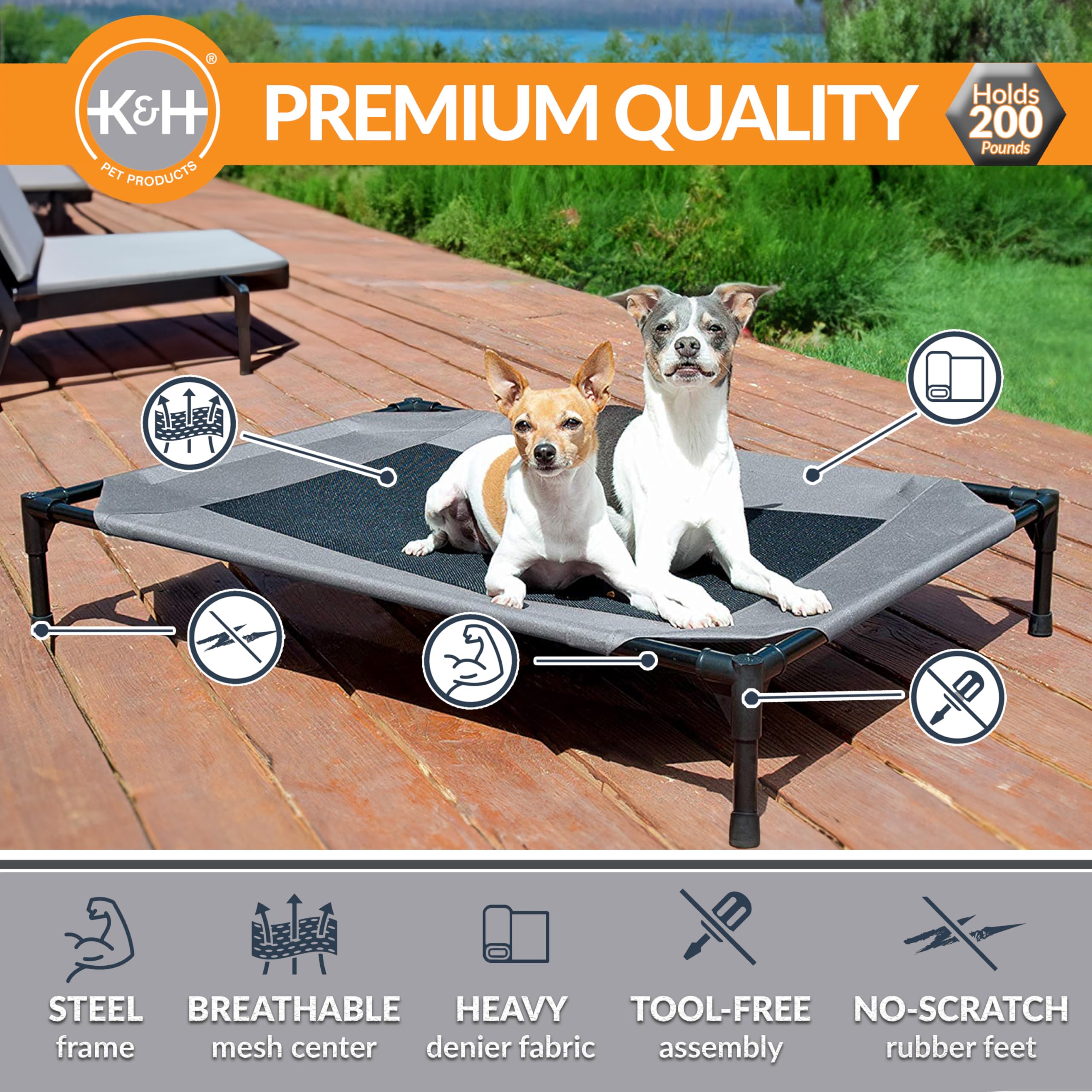 K&amp;H Pet Products cot shows breathable mesh center delivering airflow and moisture resistance outdoors.