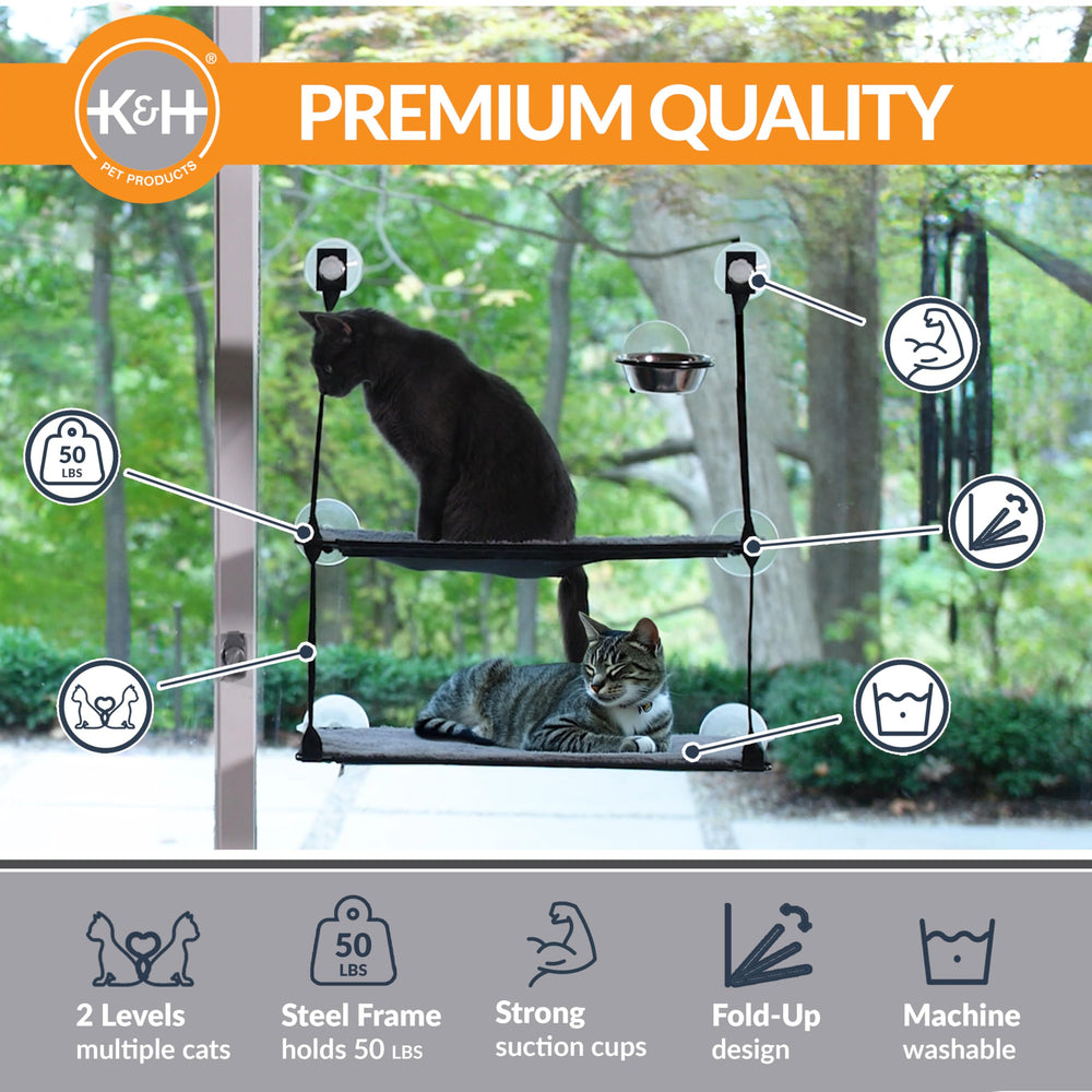 K&H EZ Mount Double Stack Cat Window Perch folded design enables curtain function.