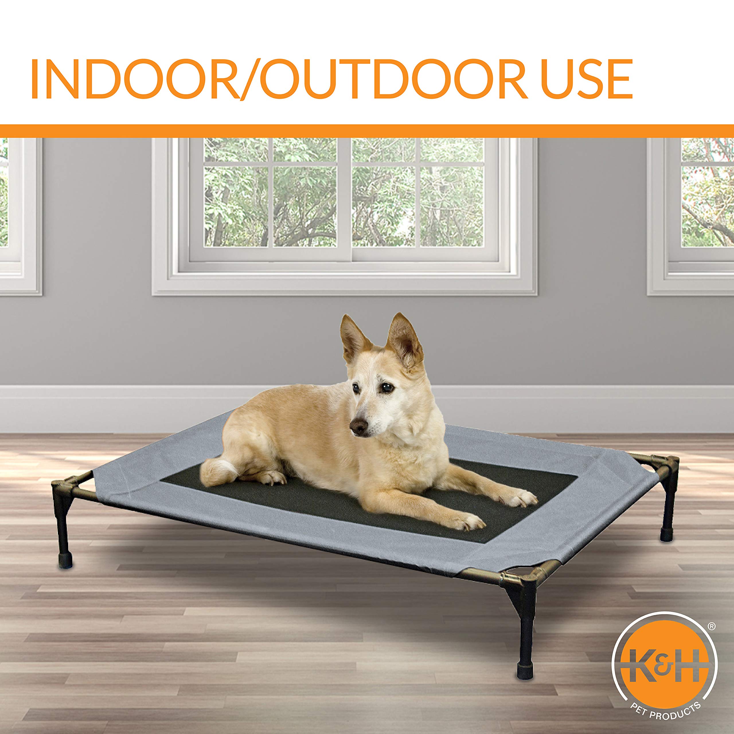 K&amp;H Pet Products indoor/outdoor cot offers versatile relaxation anywhere.