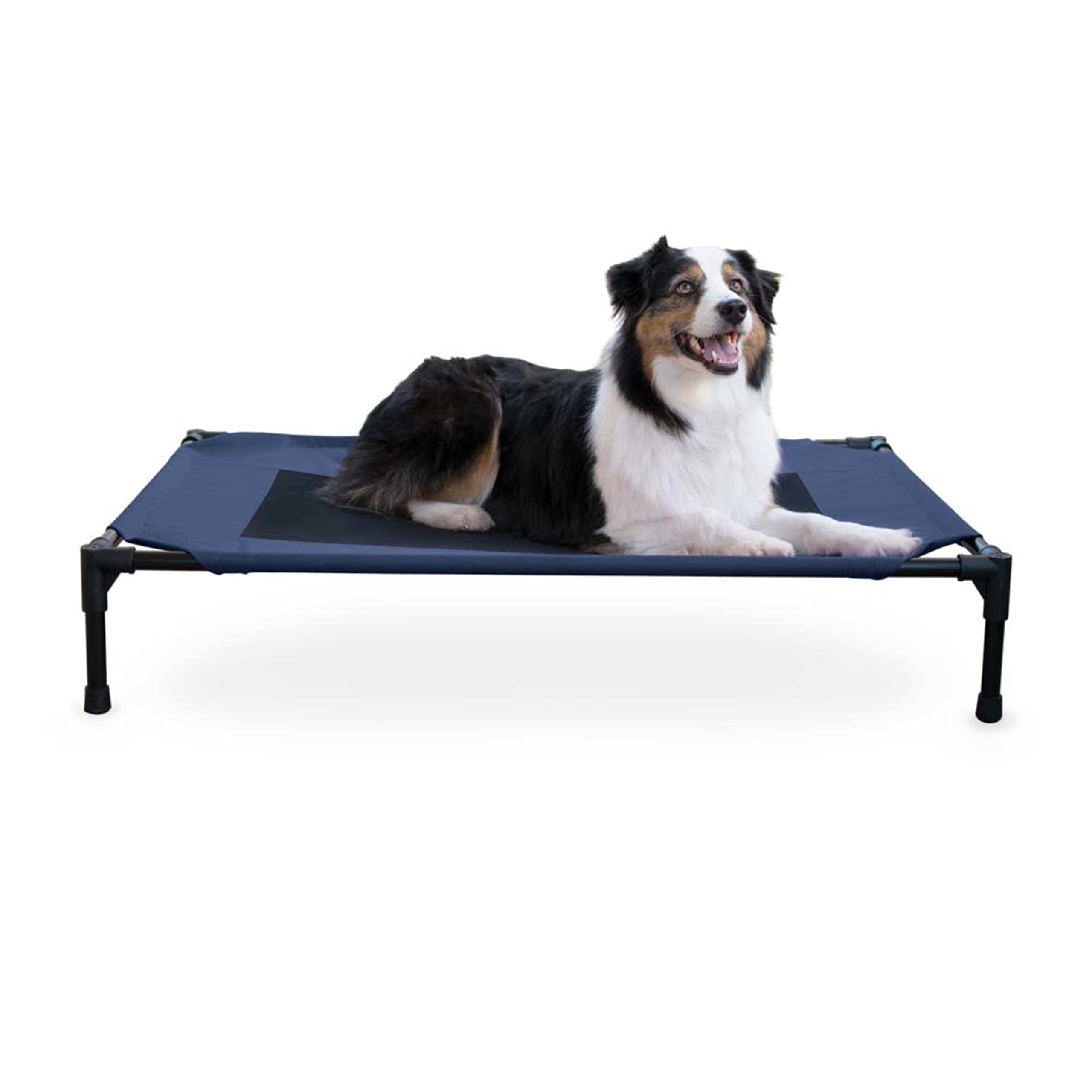K&H Outdoor Elevated Dog Cot blue with breathable mesh keeps pets cool outdoors.