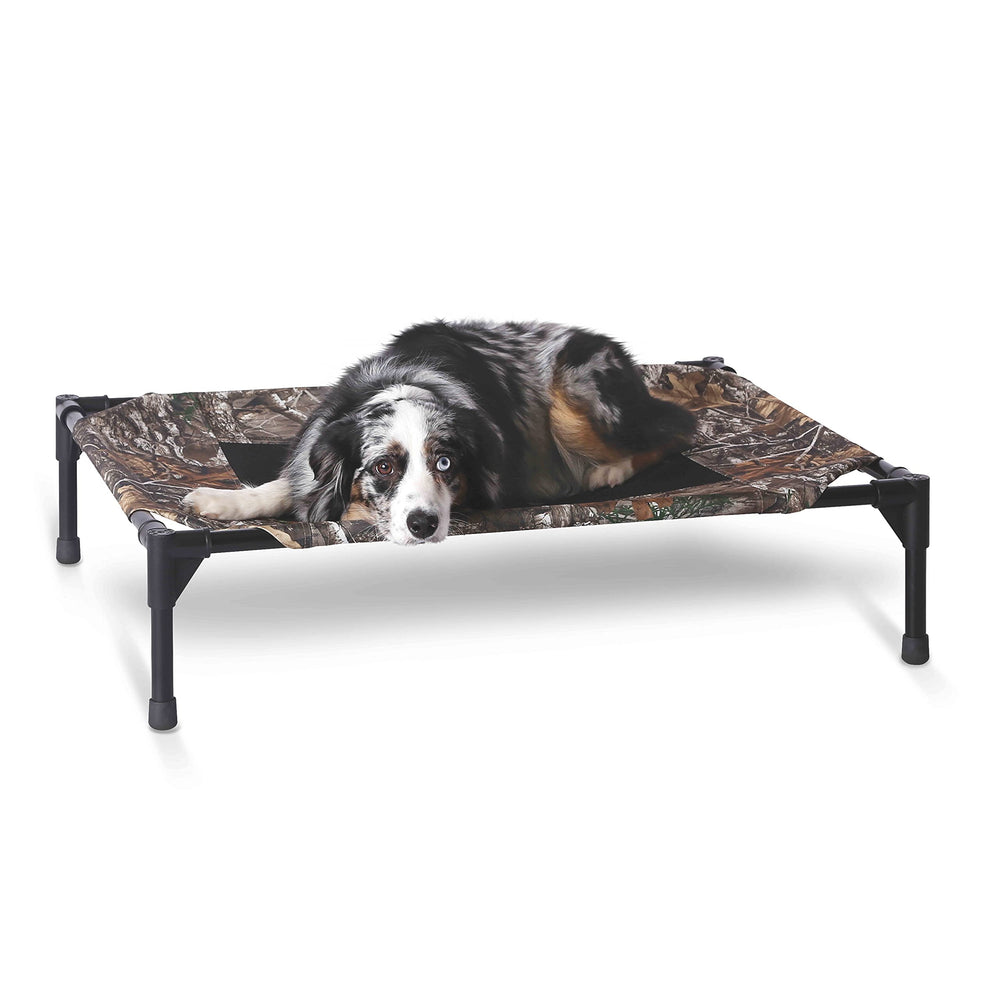 K&H Outdoor Elevated Dog Cot in camo for medium dogs, breathable and cool