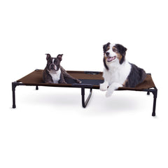 K&H Pet Products outdoor elevated dog cot shown outdoors, keeping dogs off the ground for cooling.