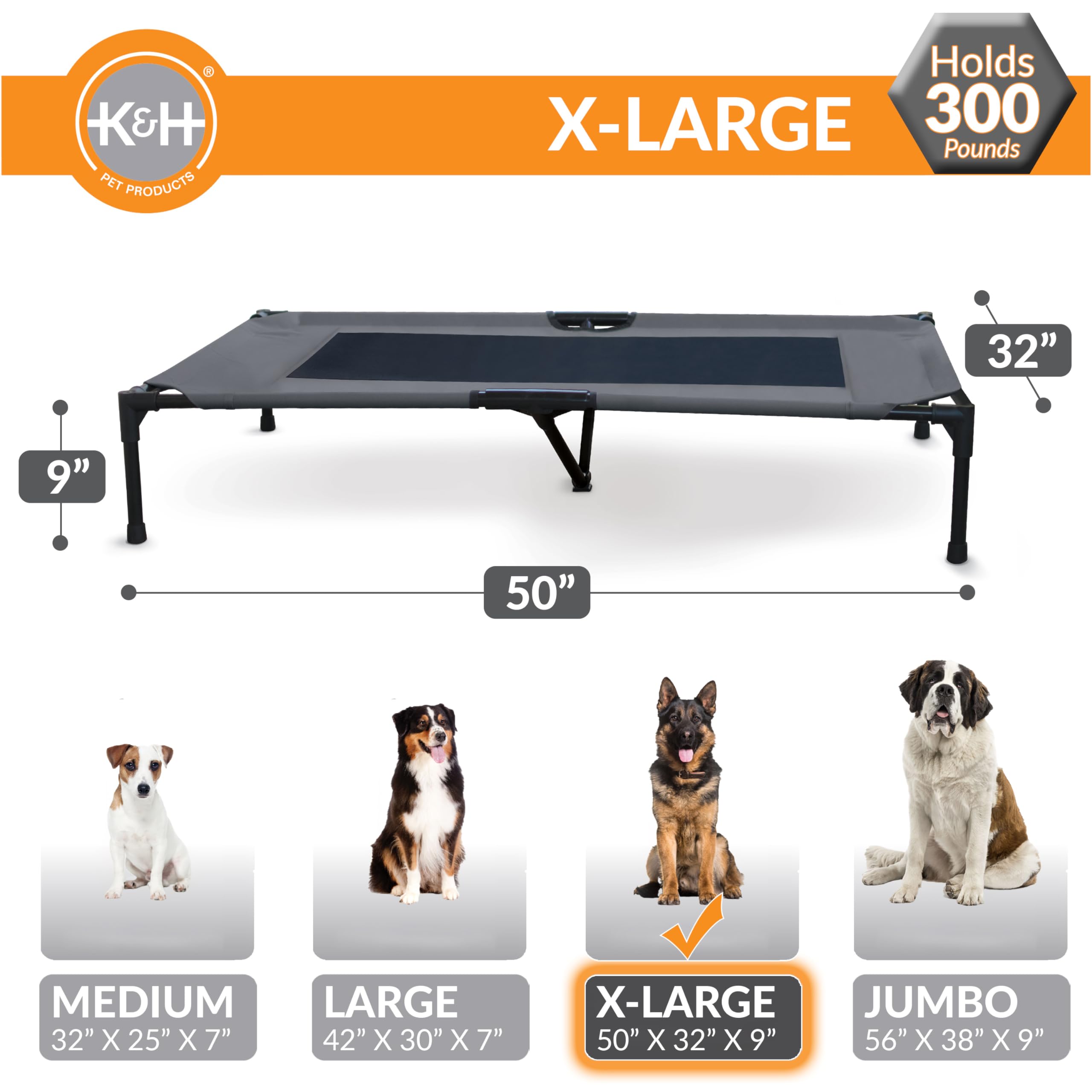 Slip-resistant feet of K&H cot protect floors and stabilize on surfaces