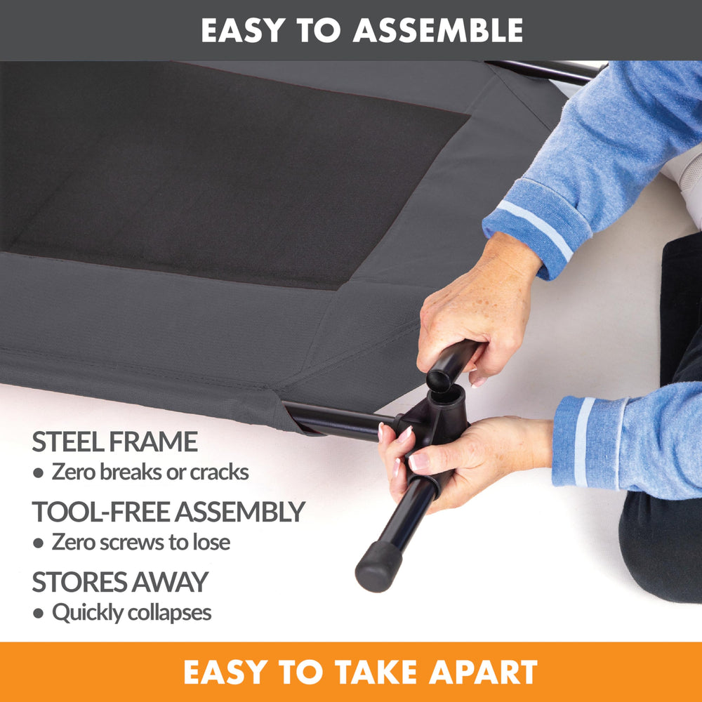 Water-resistant denier fabric cover on K&H cot resists moisture
