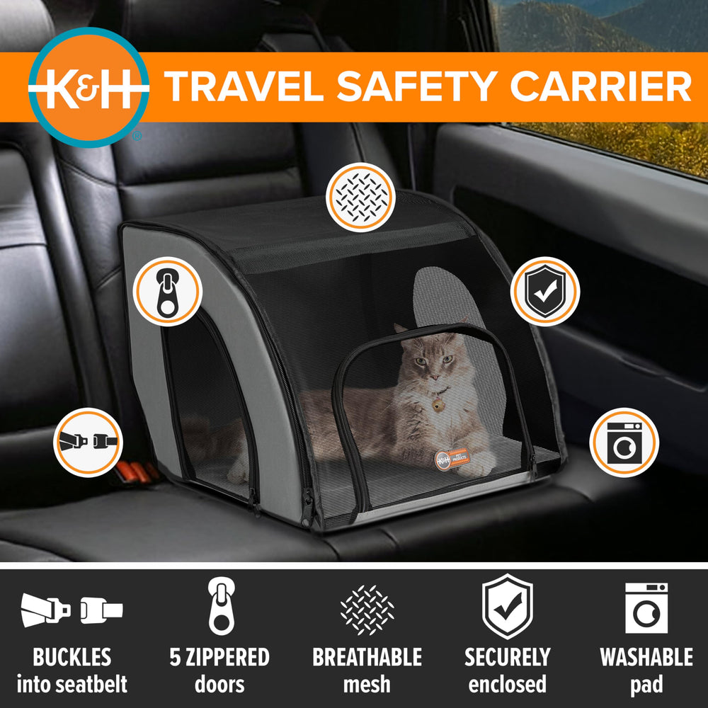 K&H Pet Products Travel Safety Carrier seat belt attachment secures in car.