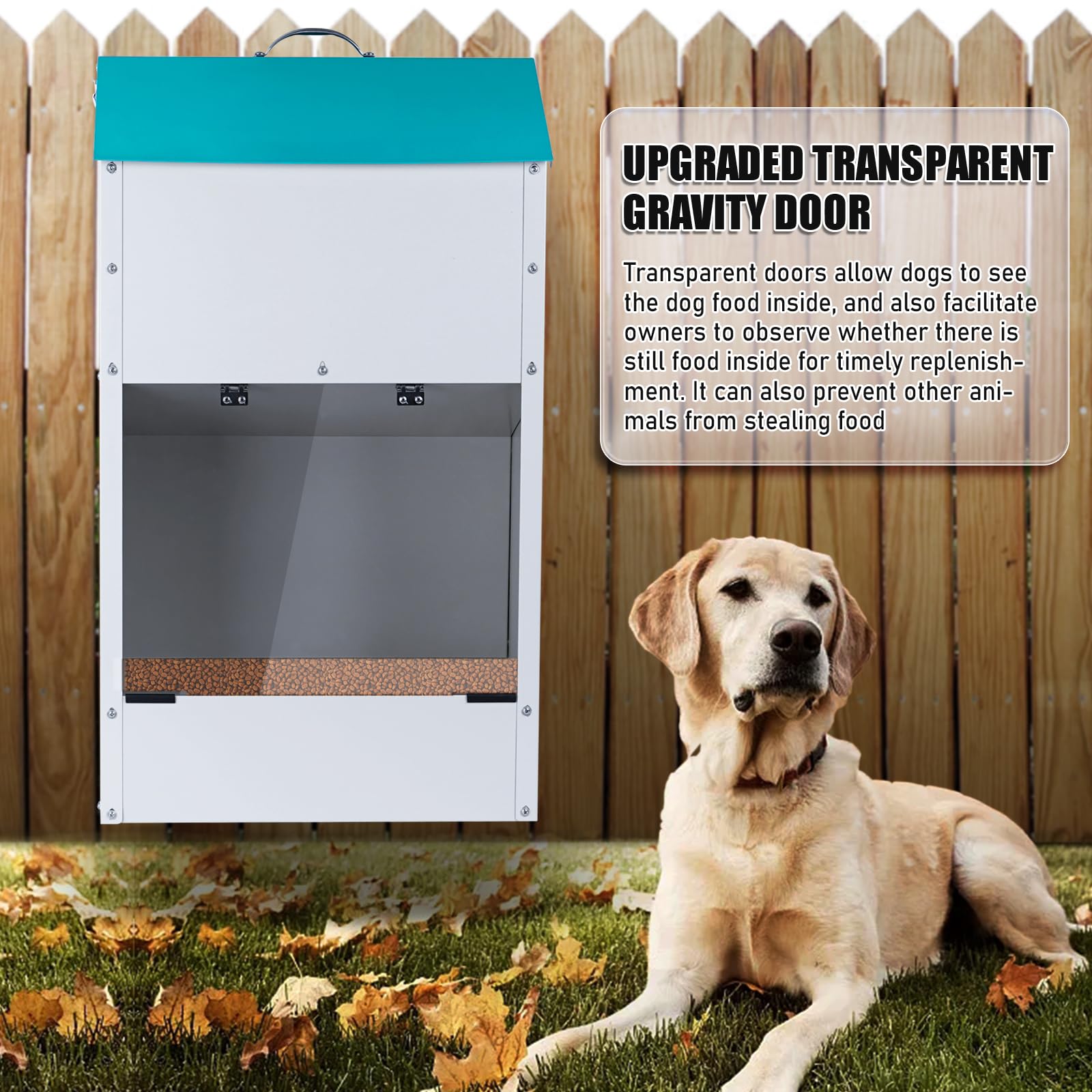 KHEARPSL outdoor dog feeder side view highlights weatherproof galvanized body.