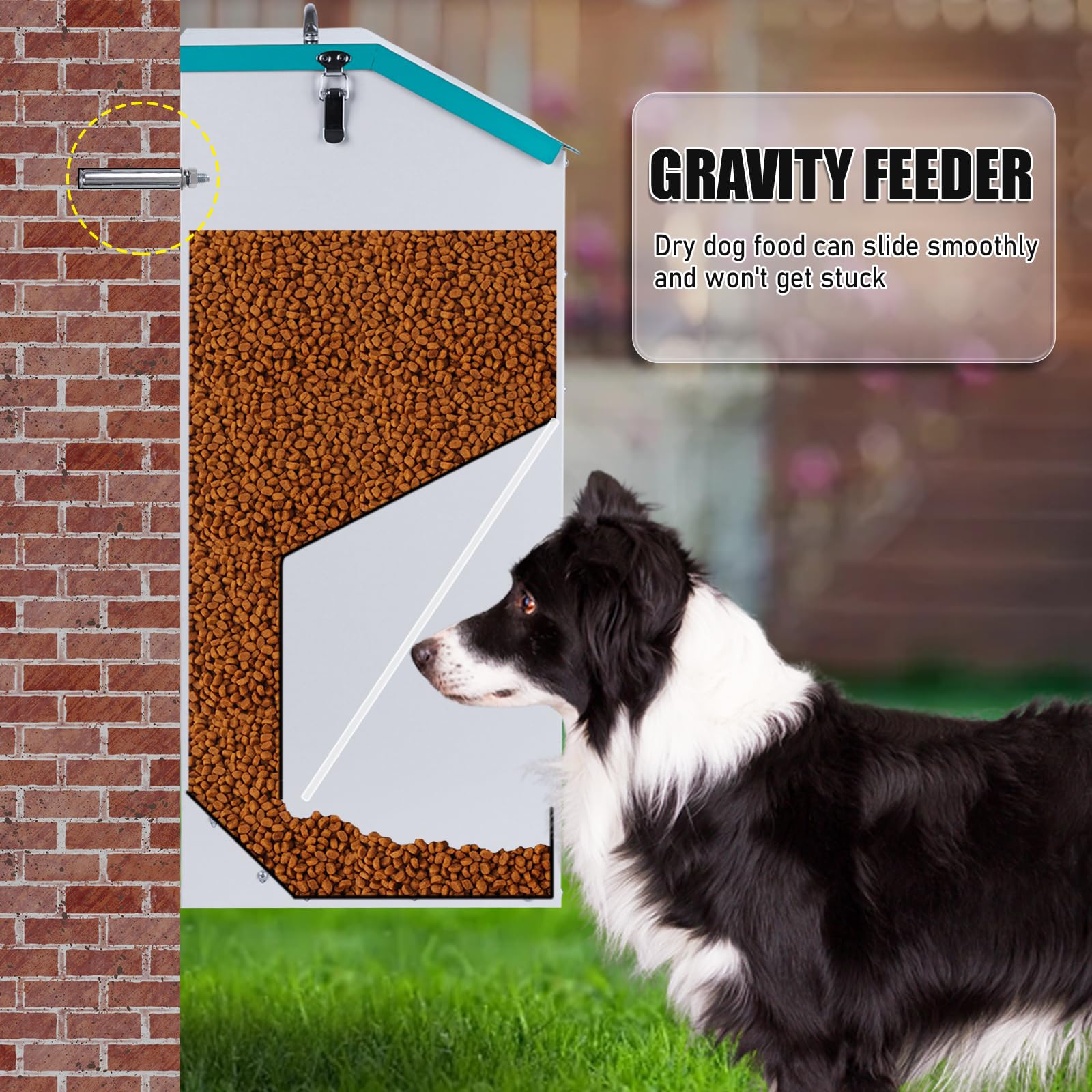 KHEARPSL galvanized steel construction withstands outdoor conditions and keeps dry dog food.
