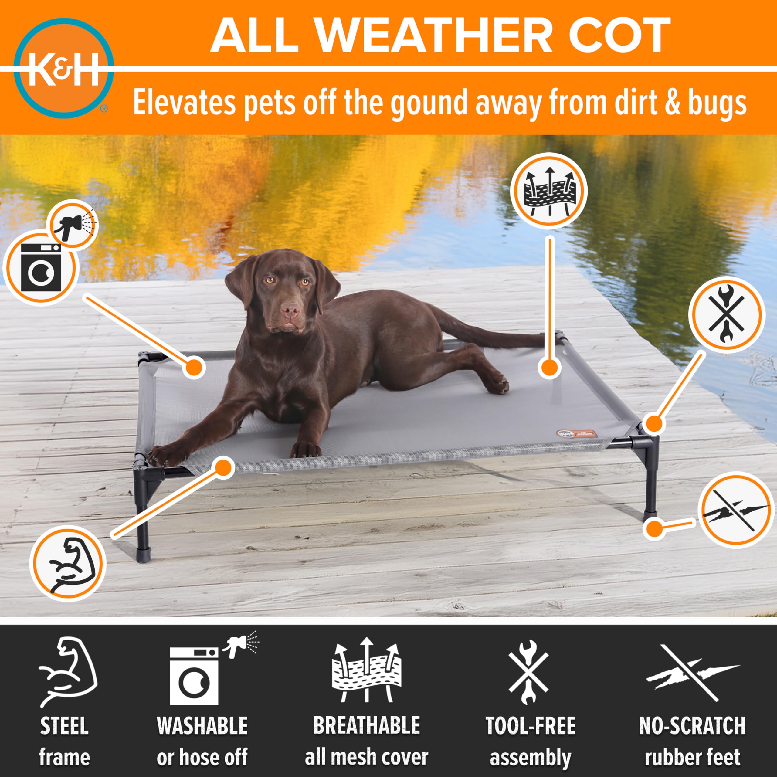 K&H elevated cot with mesh cover supports joint comfort for pets