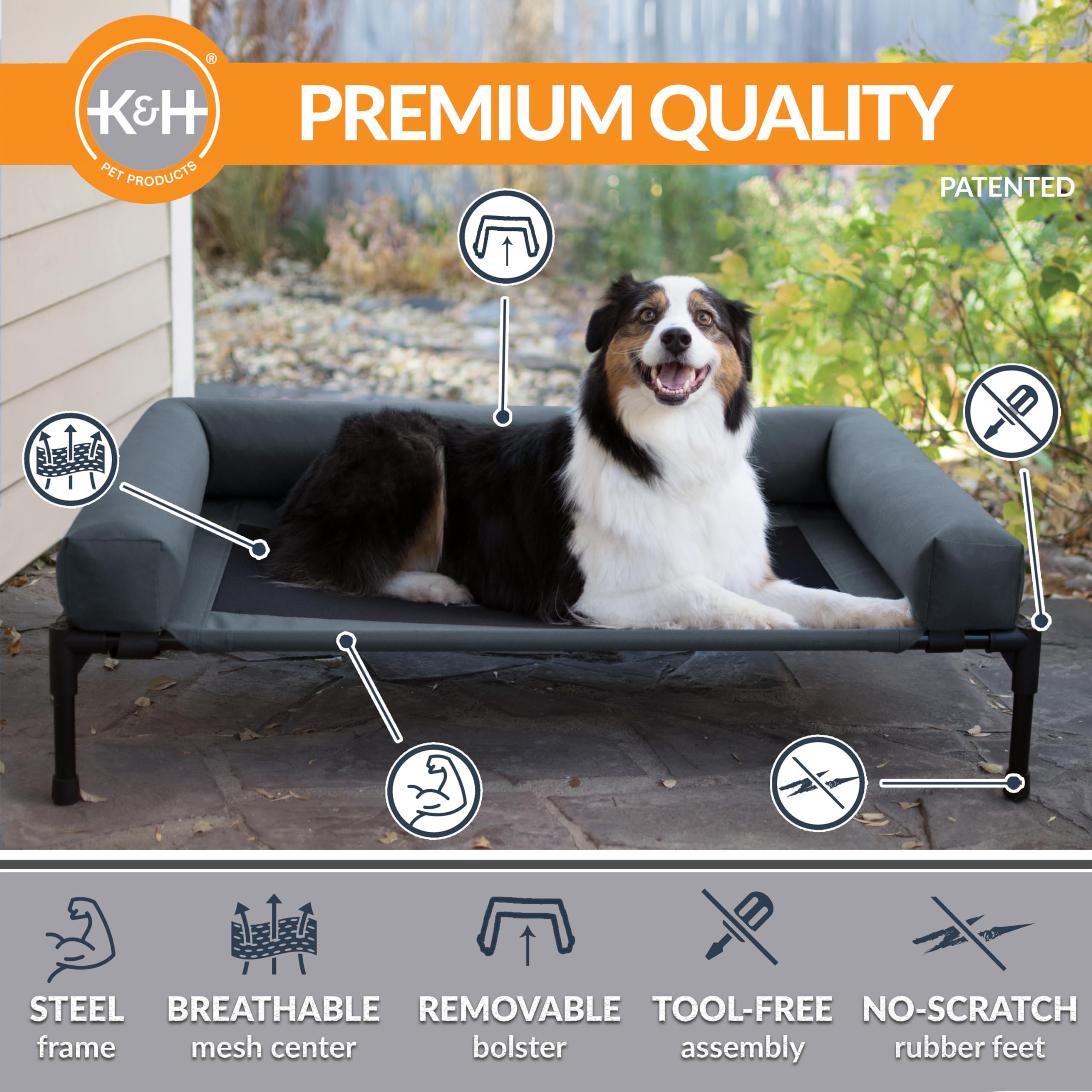 K&amp;H Bolster Dog Cot outdoors in a yard for lounging
