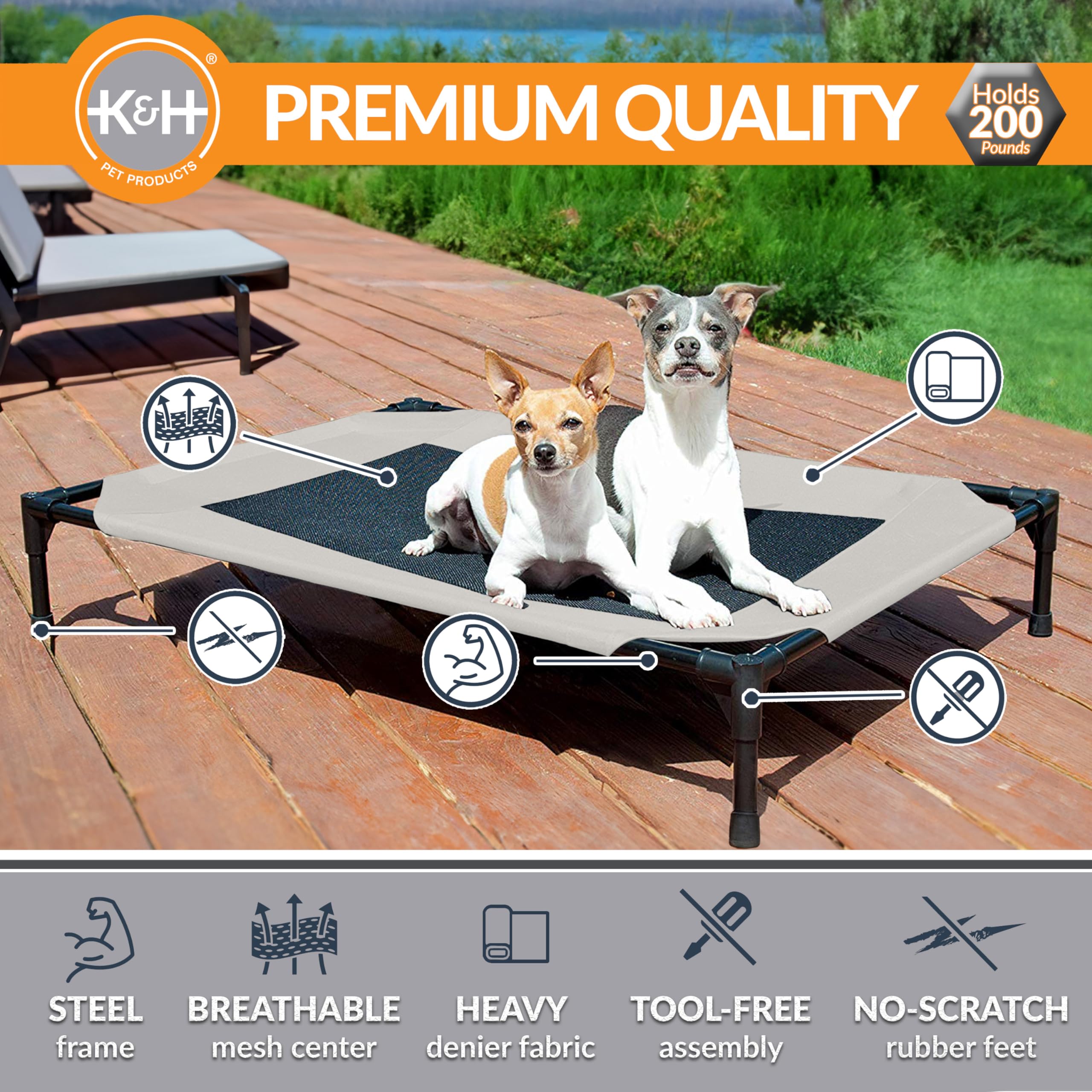 K&H elevated dog cot showing breathable mesh center for airflow and moisture control.