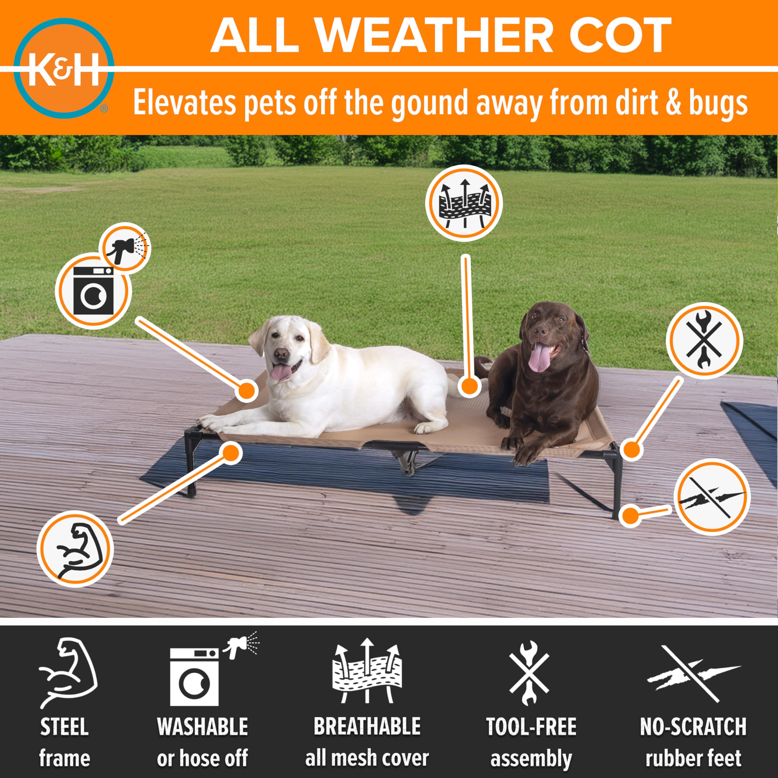 K&H cooling mesh dog cot features quick-drying all-weather performance