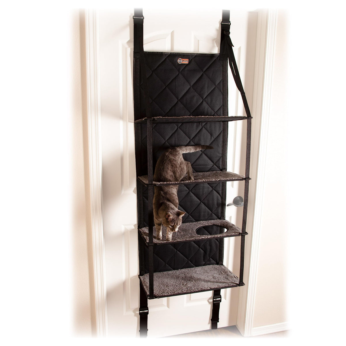 K&H Hangin Cat Tree door-mounted shelves provide space-saving perches for multiple cats.